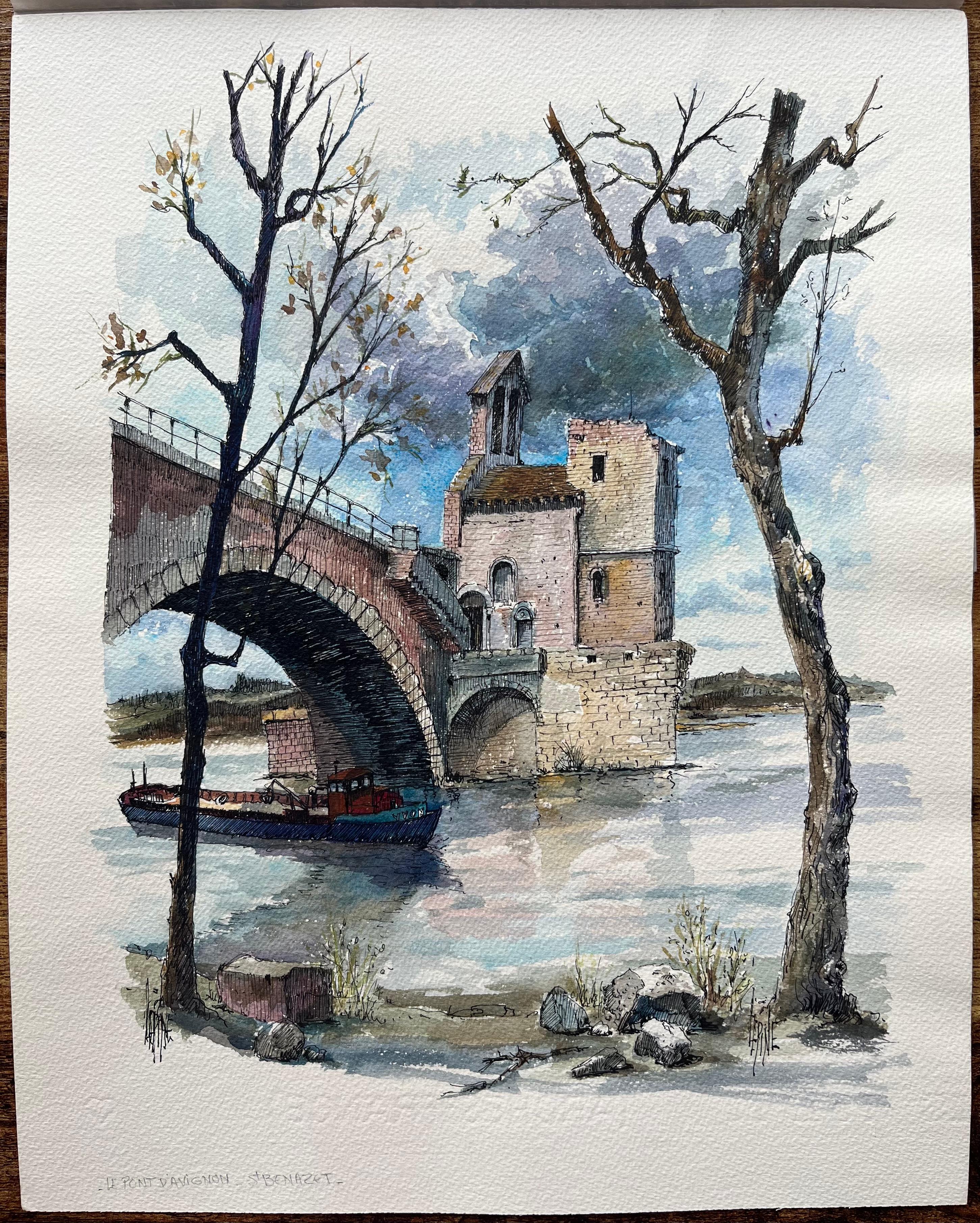 Avignon Aquarell der Pont Saint-Bénézet und historische Fluss-Szene – Painting von Robert Lepine (1929 - 2017)