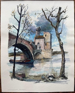 Avignon Watercolor of Pont Saint-Bénézet and Historic River Scene