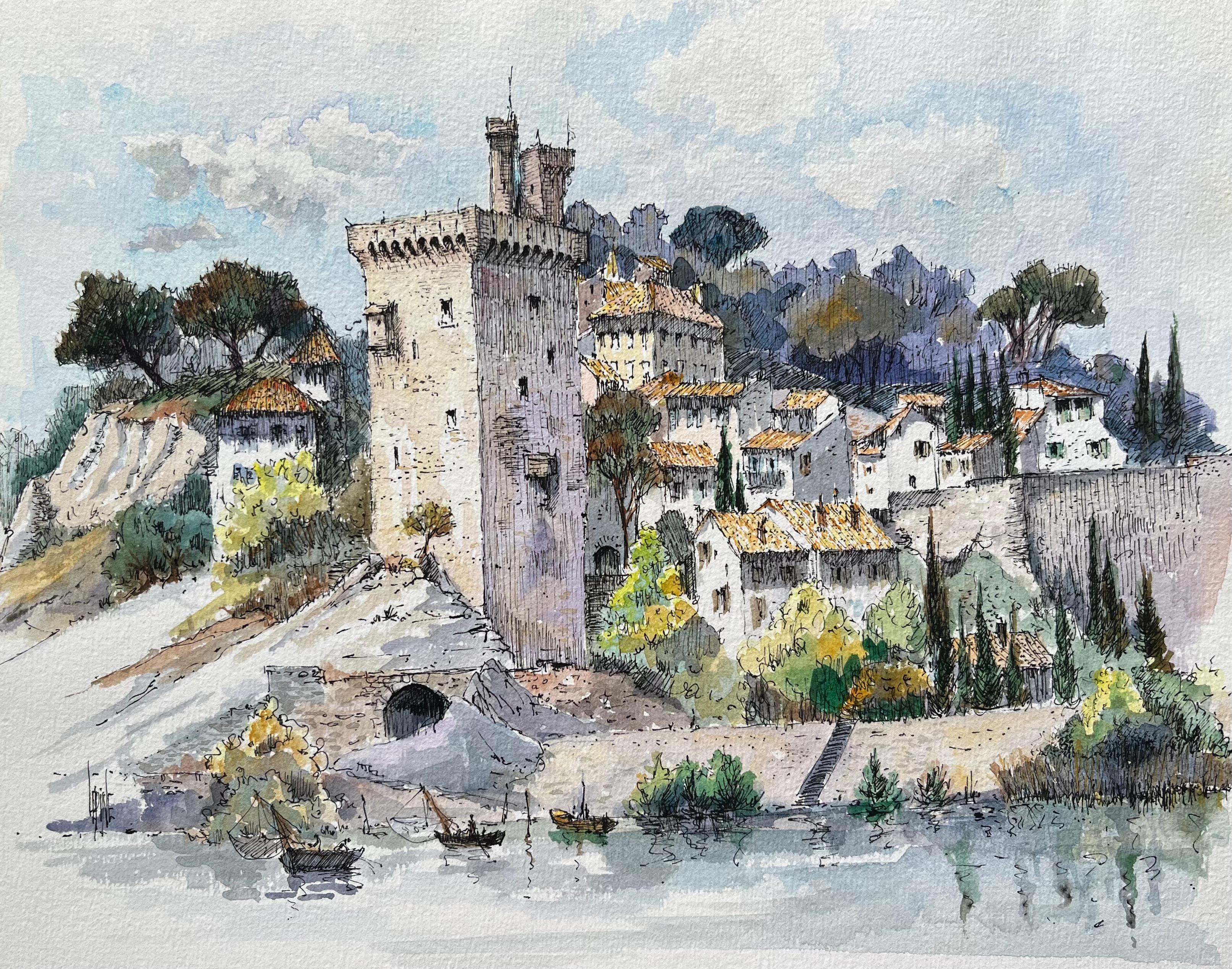 Landscape Art di Robert Lepine (1929 - 2017) - Acquerello di Villeneuve-lès-Avignon con torre medievale e villaggio sul fiume