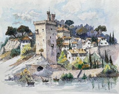 Villeneuve-lès-Avignon Acuarela de torre medieval y pueblo ribereño