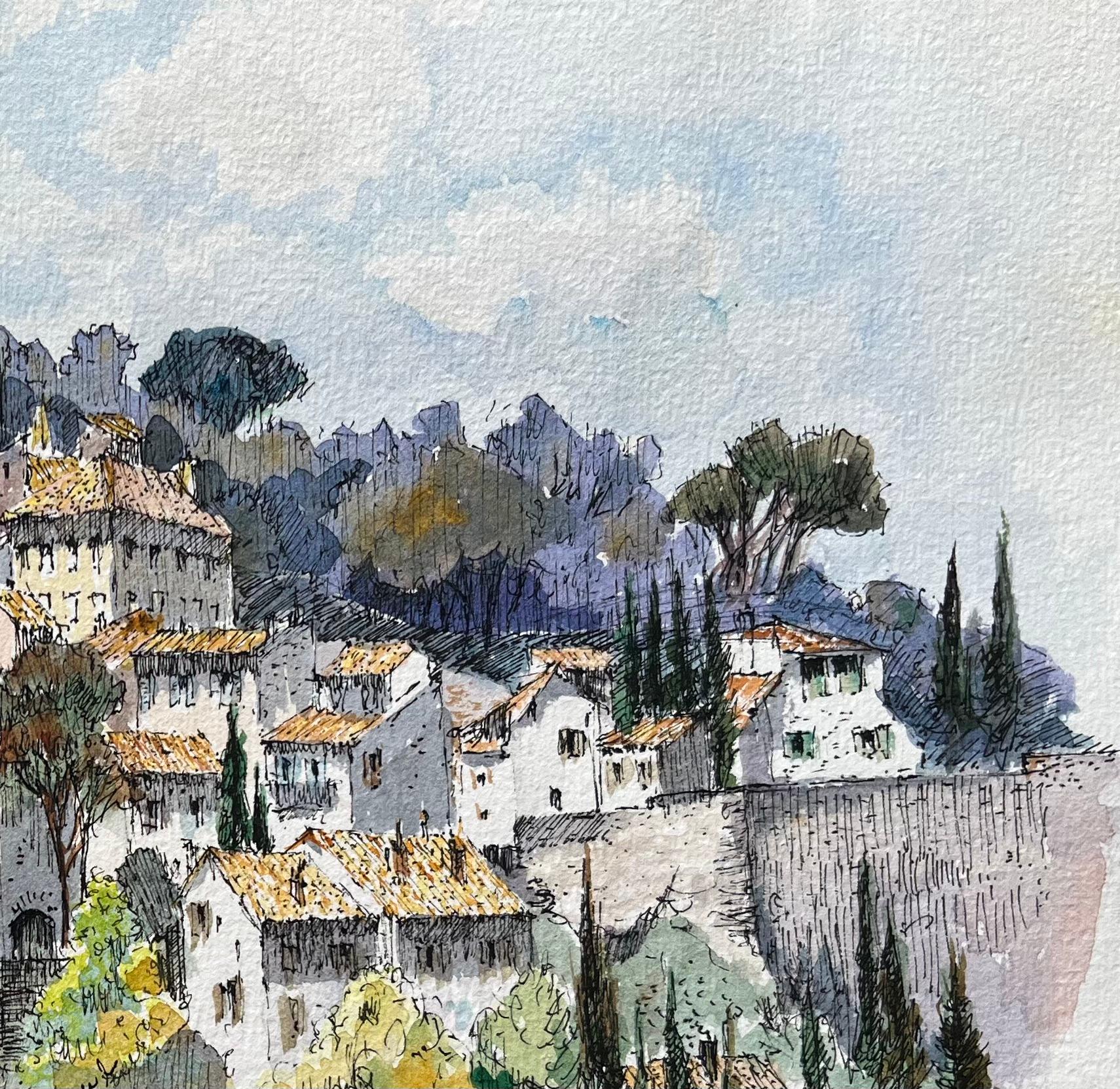 Acquerello di Villeneuve-lès-Avignon con torre medievale e villaggio sul fiume - Landscape Art Grigio di Robert Lepine (1929 - 2017)