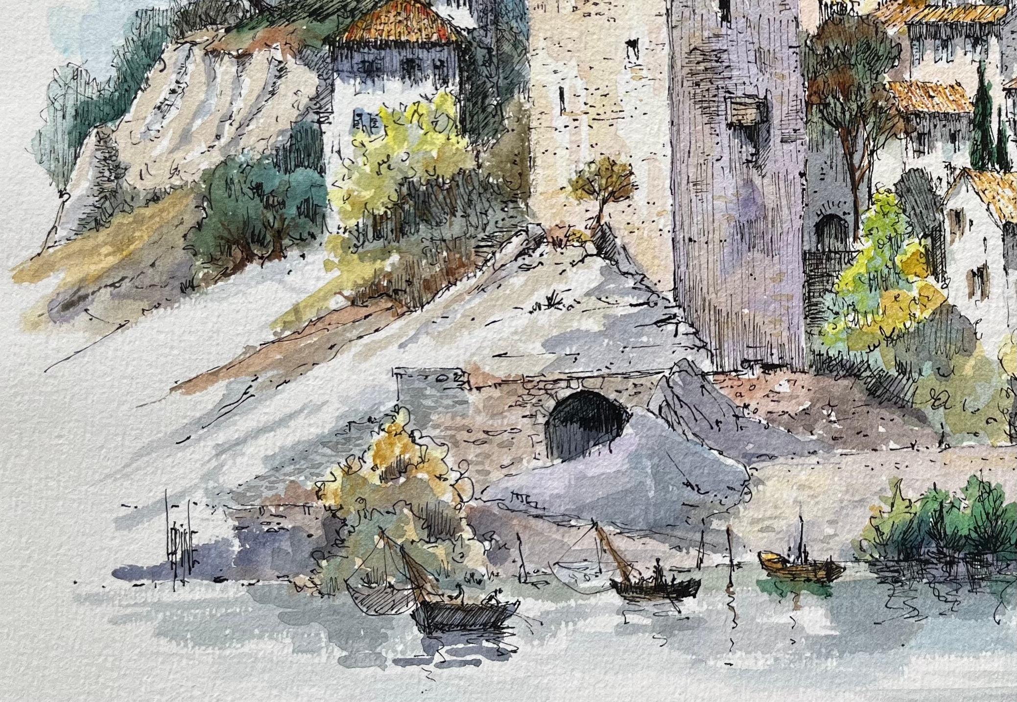 Acquerello di Villeneuve-lès-Avignon con torre medievale e villaggio sul fiume in vendita 1