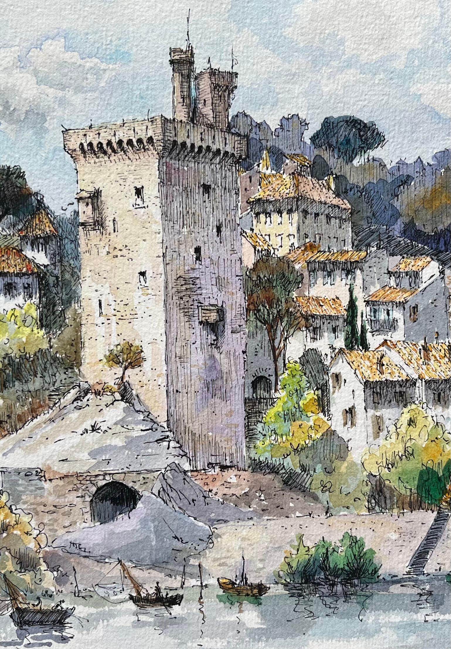 Acquerello di Villeneuve-lès-Avignon con torre medievale e villaggio sul fiume in vendita 2