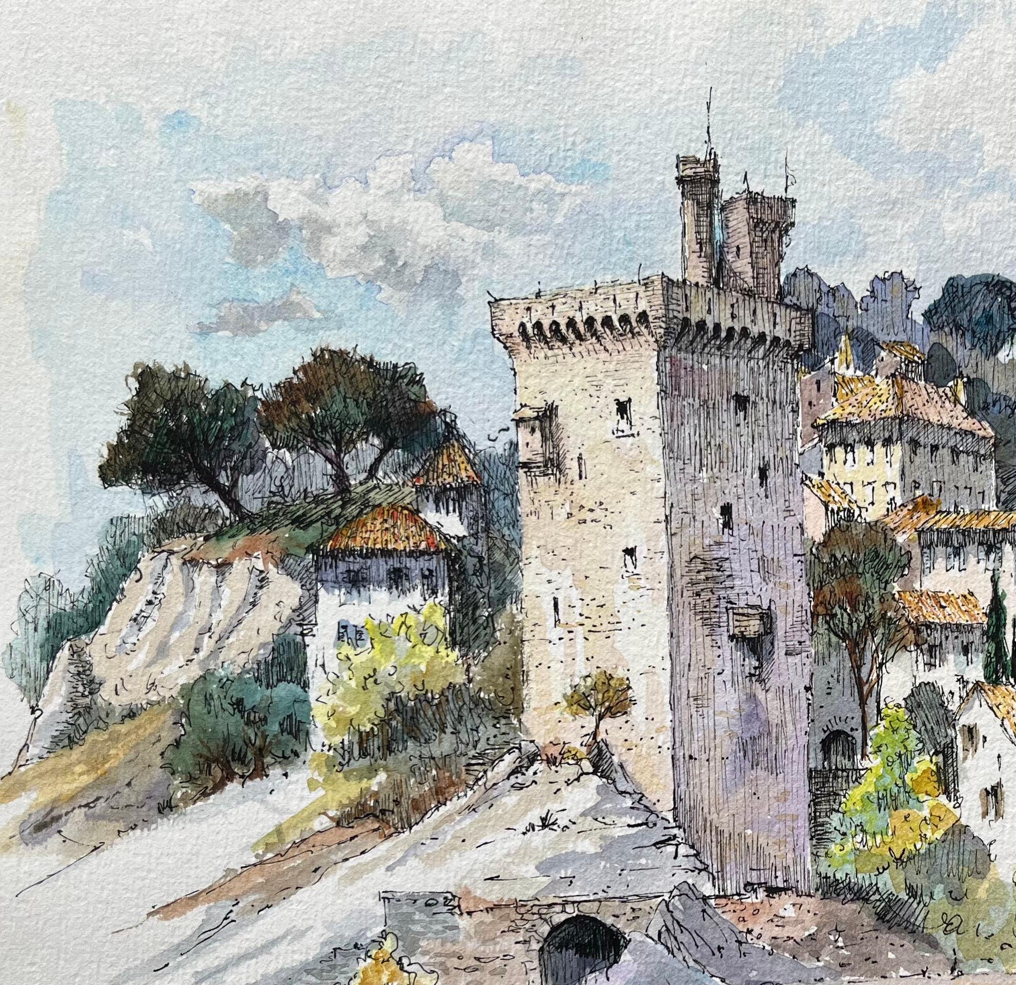 Acquerello di Villeneuve-lès-Avignon con torre medievale e villaggio sul fiume - Art Scuola francese di Robert Lepine (1929 - 2017)