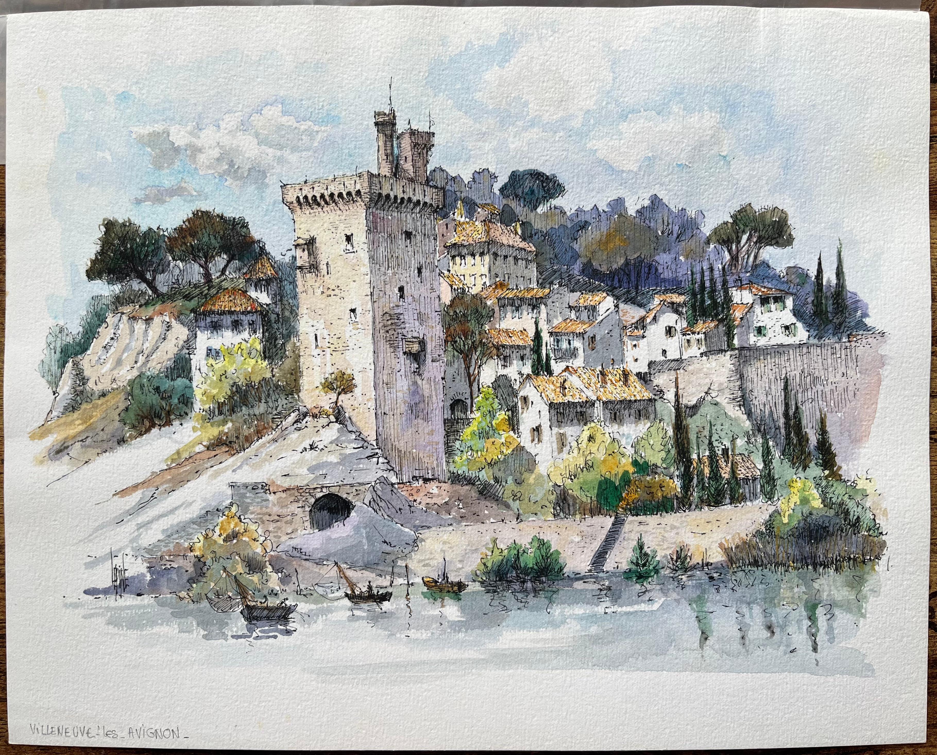 Acquerello di Villeneuve-lès-Avignon con torre medievale e villaggio sul fiume - Art di Robert Lepine (1929 - 2017)