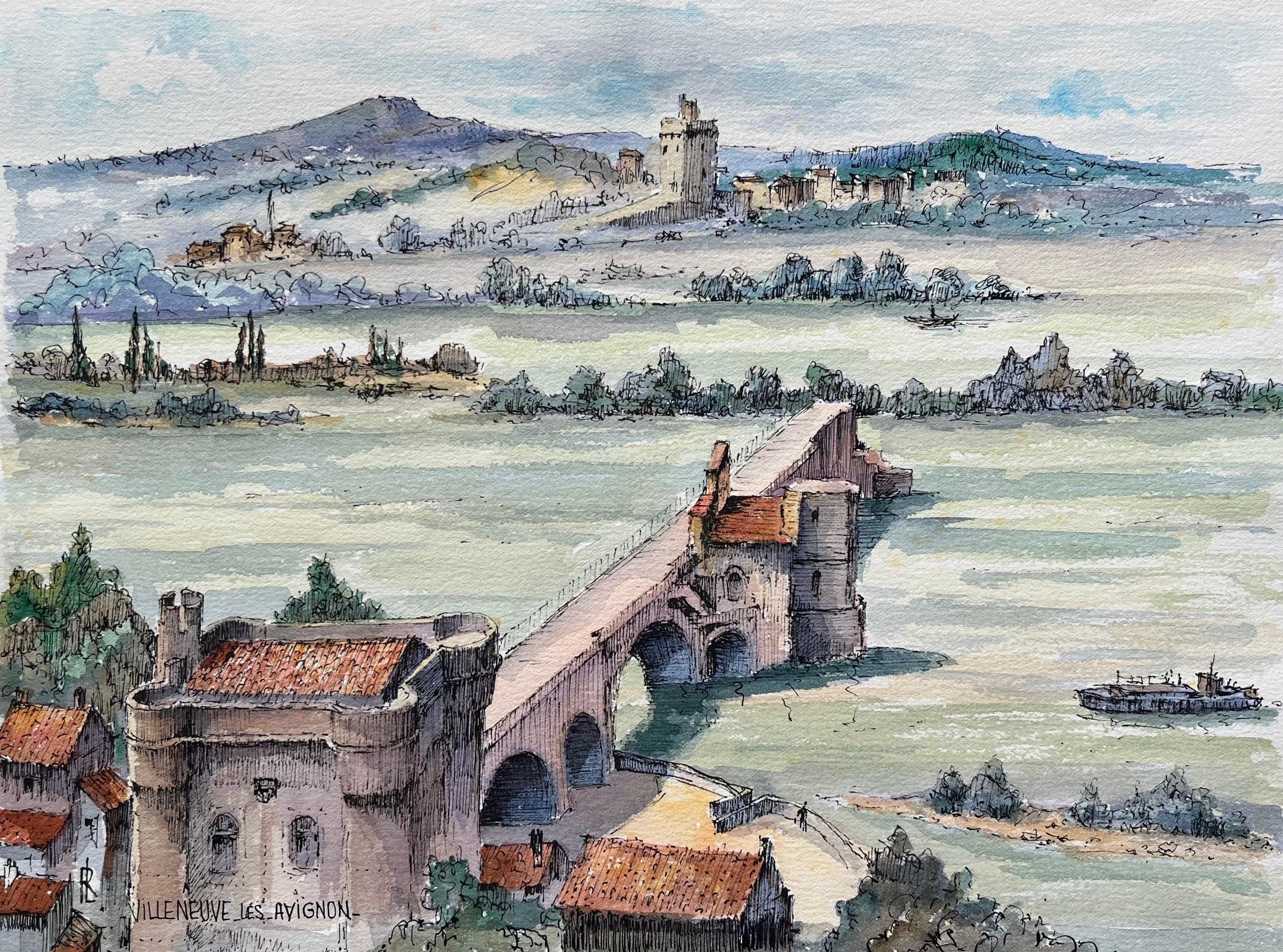 Robert Lepine (1929 - 2017) Landscape Painting – Avignon Aquarell von Pont Saint-Bénézet und Villeneuve-lès-Avignon