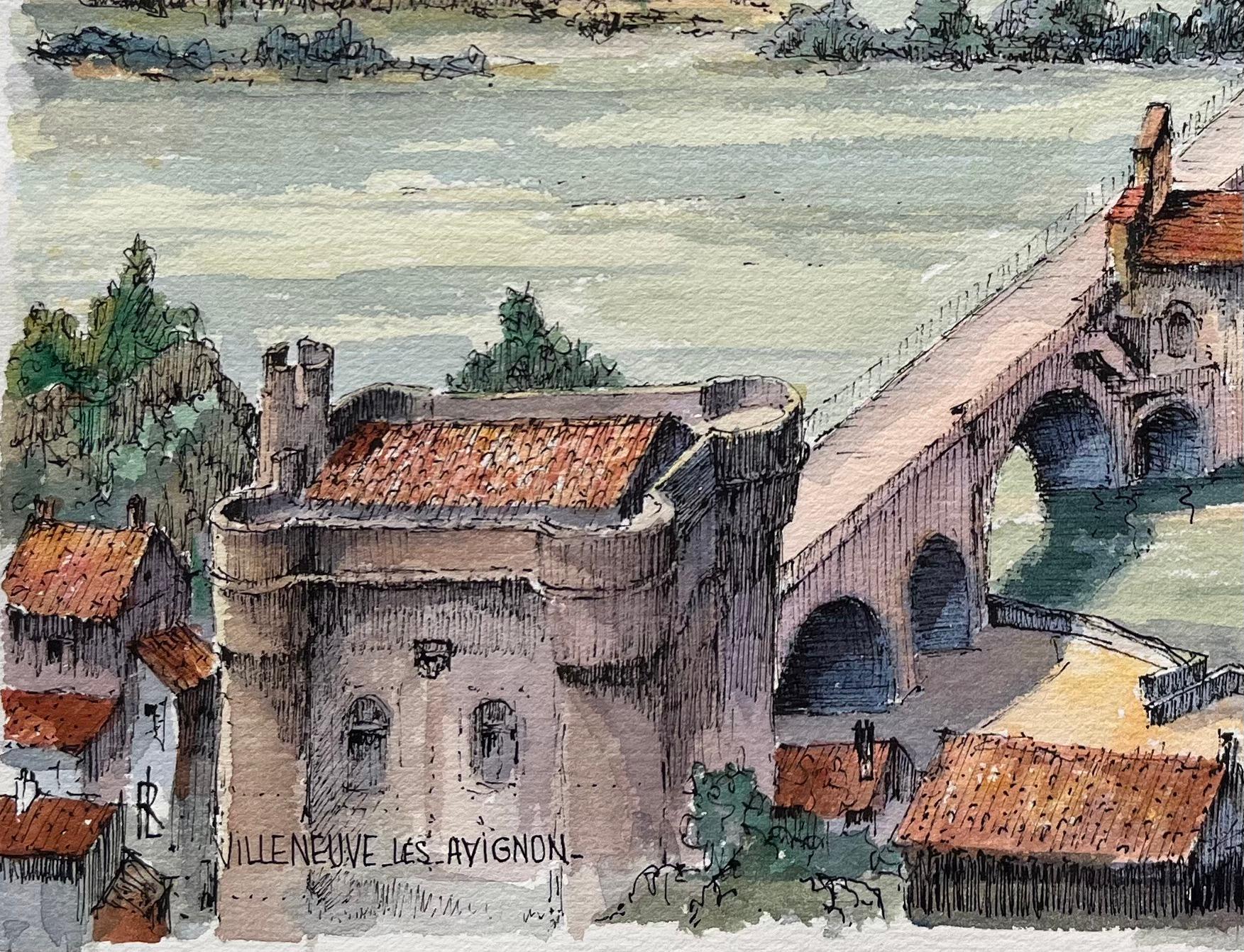 Avignon Aquarell von Pont Saint-Bénézet und Villeneuve-lès-Avignon (Grau), Landscape Painting, von Robert Lepine (1929 - 2017)