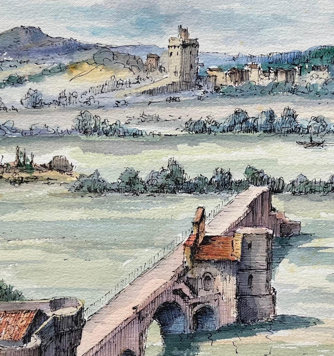 Avignon Aquarell von Pont Saint-Bénézet und Villeneuve-lès-Avignon im Angebot 2