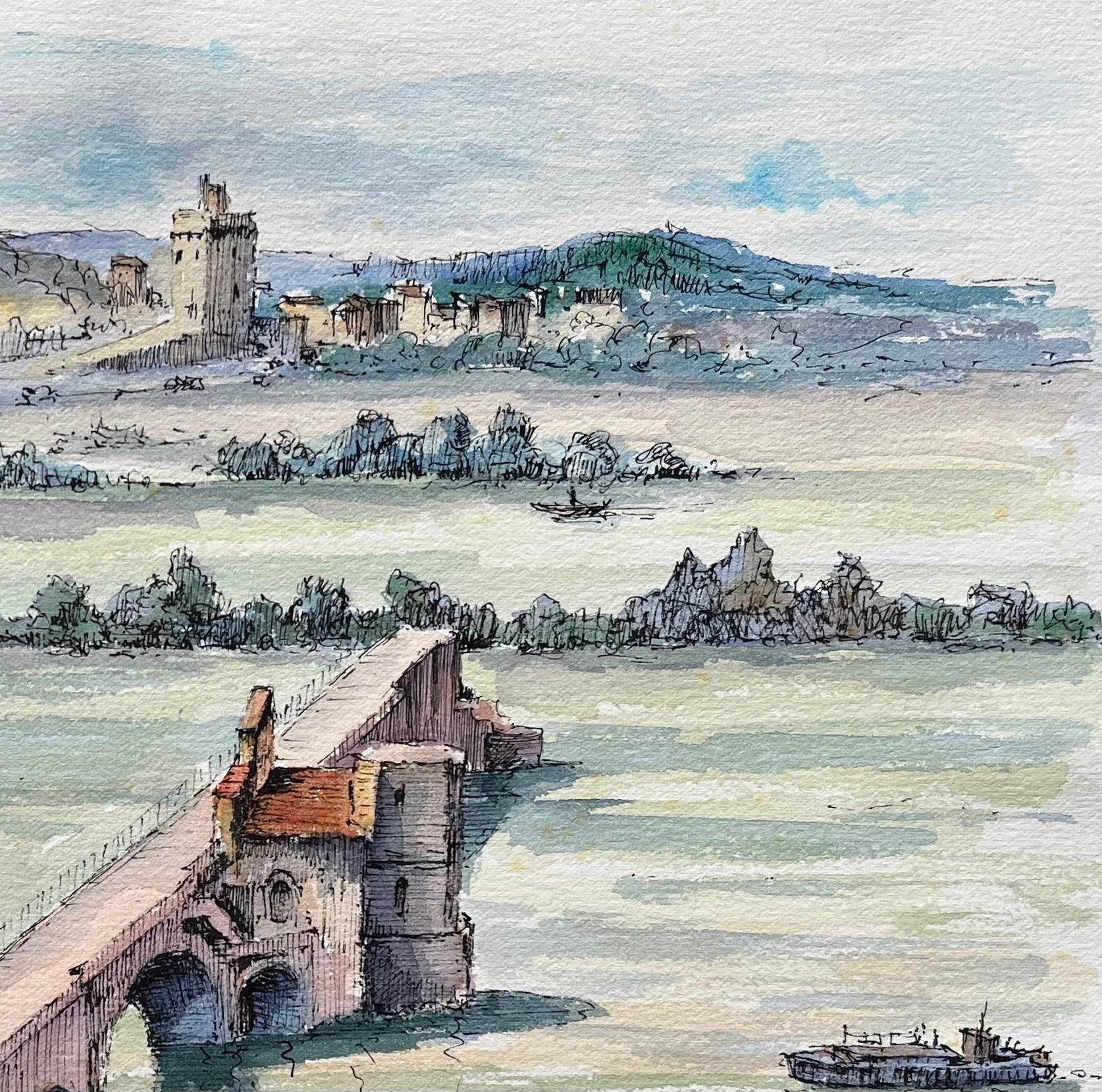 Avignon Aquarell von Pont Saint-Bénézet und Villeneuve-lès-Avignon im Angebot 1