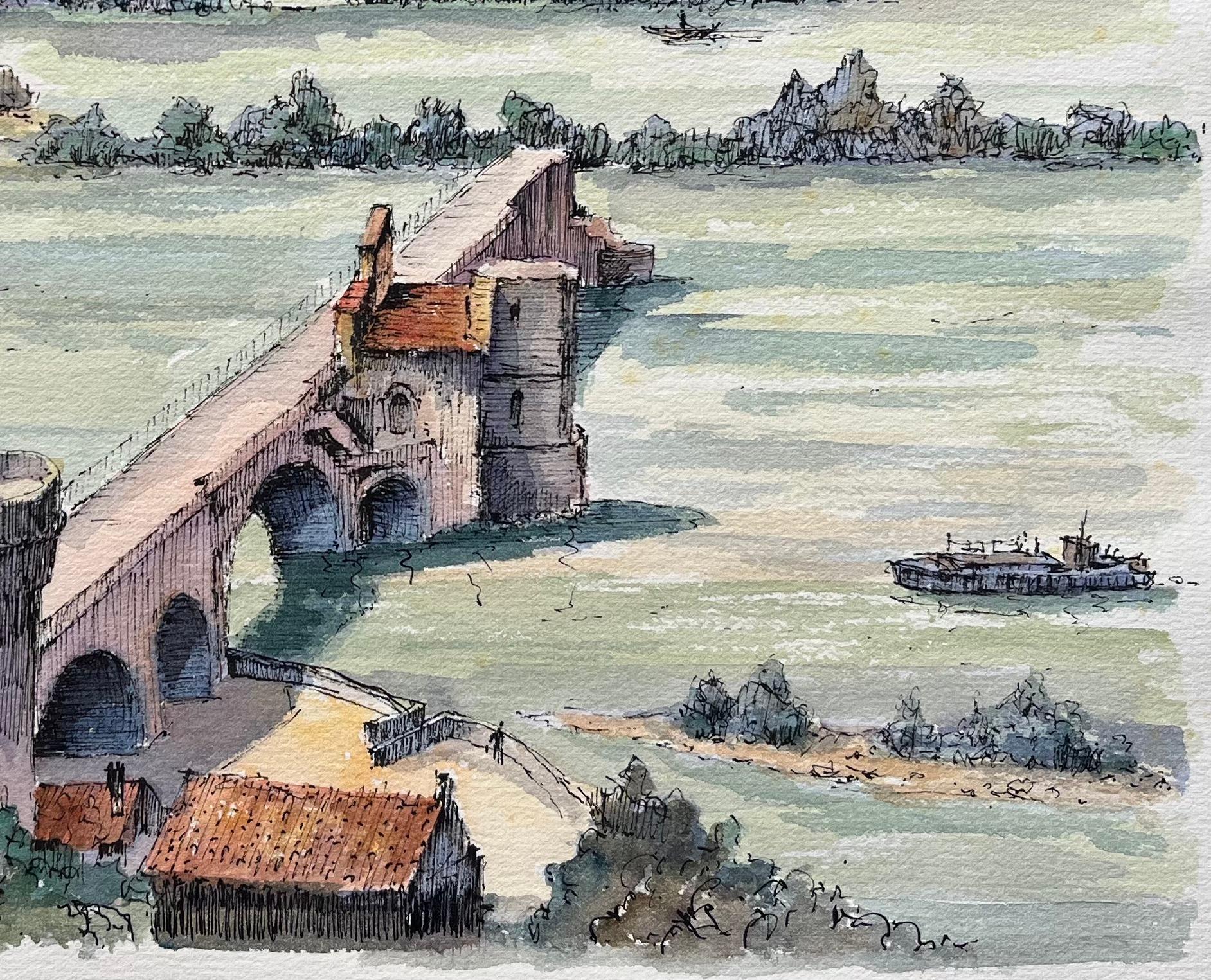 Titel: Avignon Aquarell der Pont Saint-Bénézet und Villeneuve-lès-Avignon
von Robert Lepine (Franzose, 1929 - 2017)
Unterschrieben: Ja
Medium: Aquarellmalerei auf Künstlerpapier
Größe: 11,25 x 15 (Höhe x Breite)
Provenienz: Aus der Sammlung des