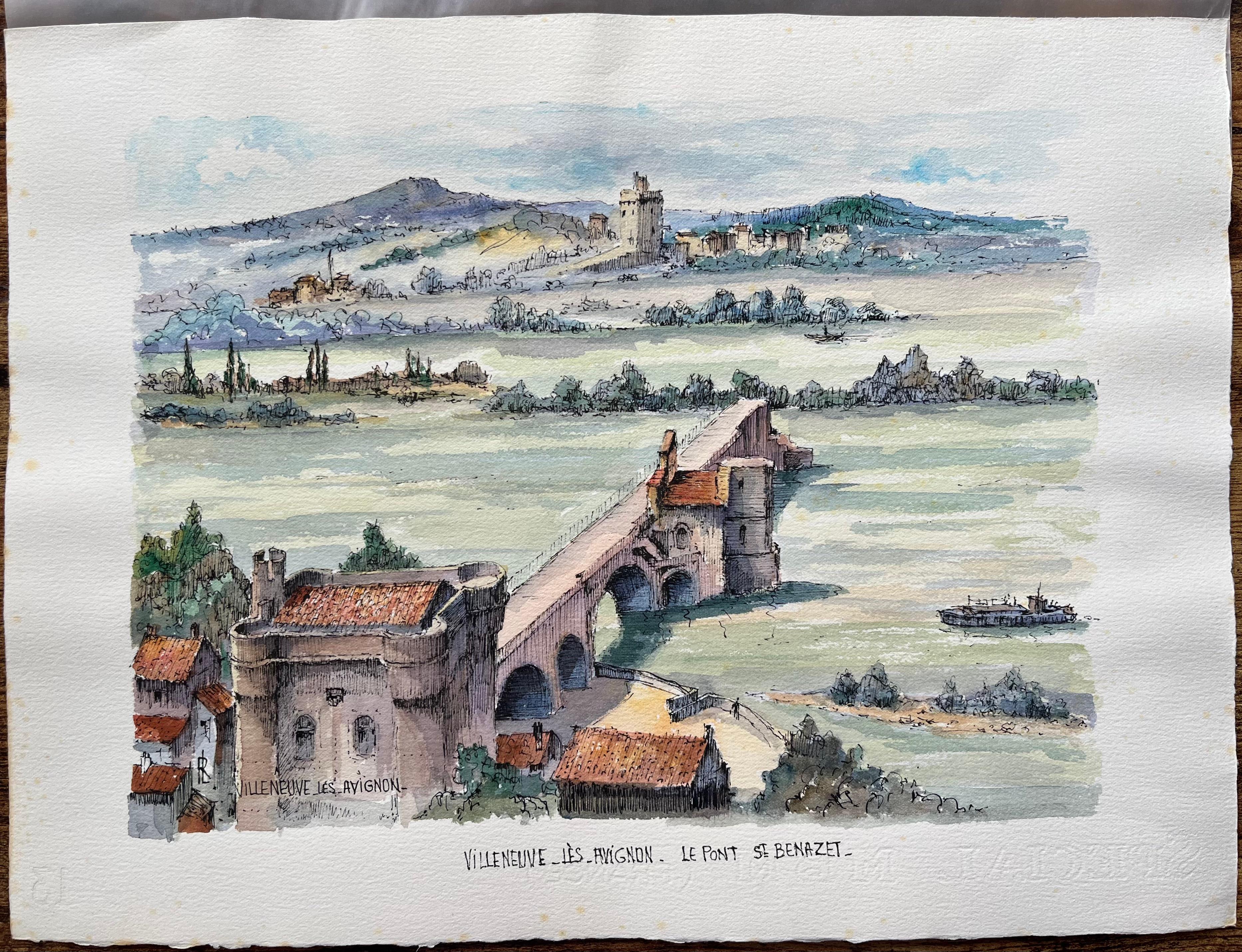 Avignon Aquarell von Pont Saint-Bénézet und Villeneuve-lès-Avignon – Painting von Robert Lepine (1929 - 2017)