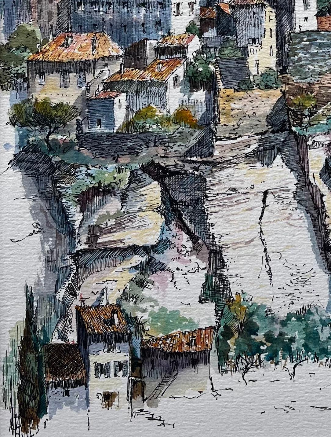 Aquarelle de Provence du village historique perché de Gordes - Gris Landscape Painting par Robert Lepine (1929 - 2017)