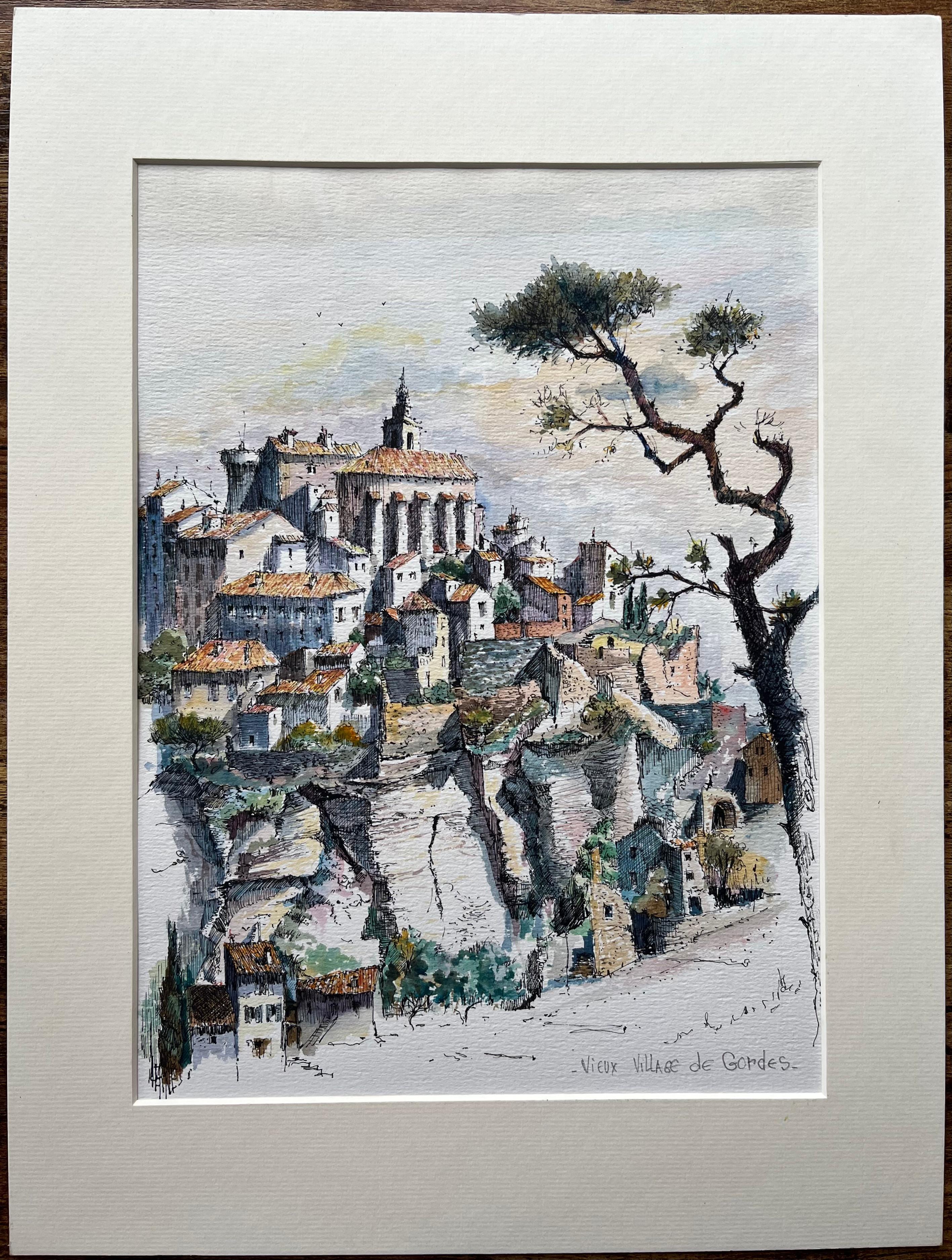 Aquarelle de Provence du village historique perché de Gordes - Painting de Robert Lepine (1929 - 2017)