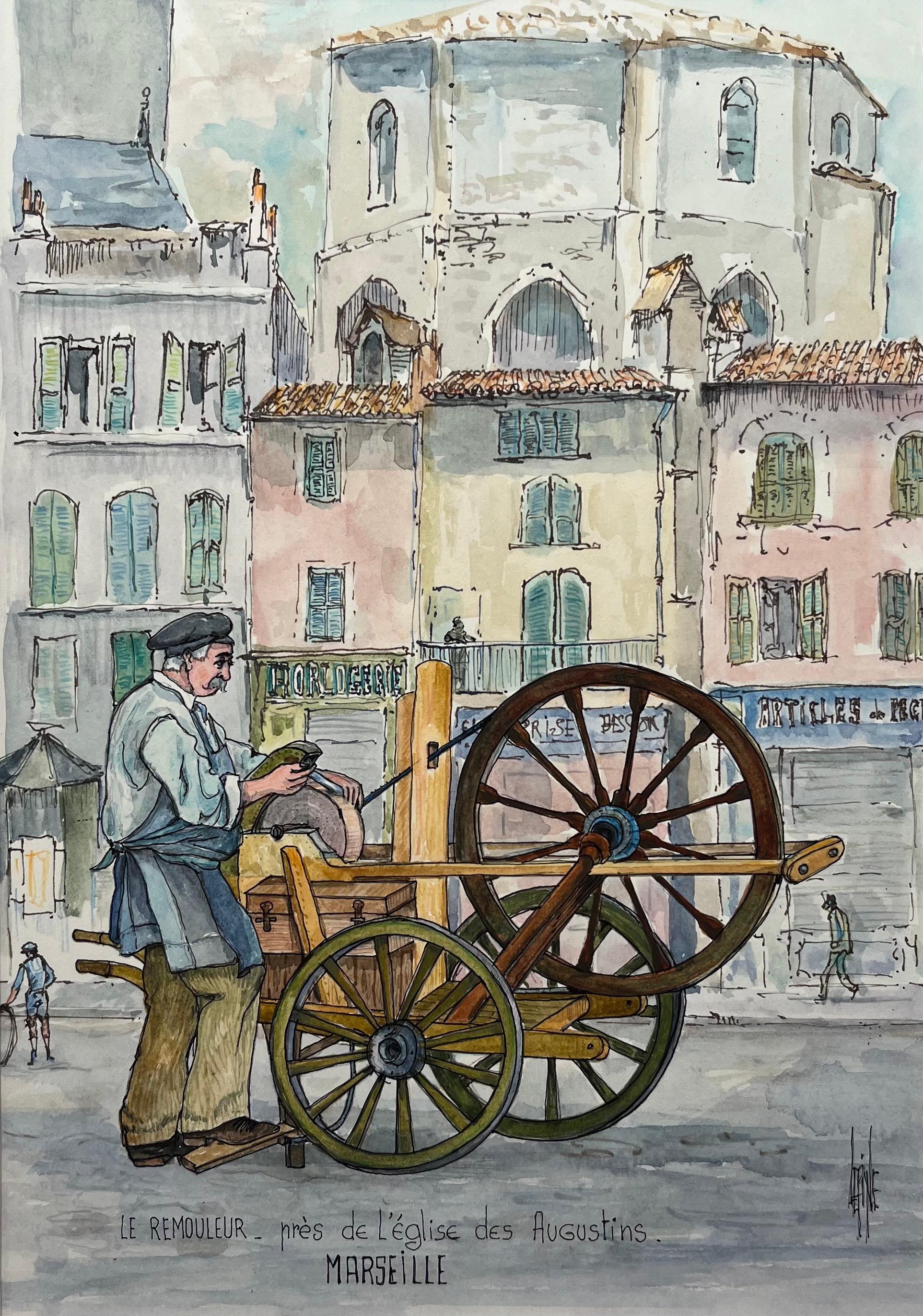 Robert Lepine (1929 - 2017) Landscape Painting - Marseille Watercolor of Knife Grinder Near Église des Augustins