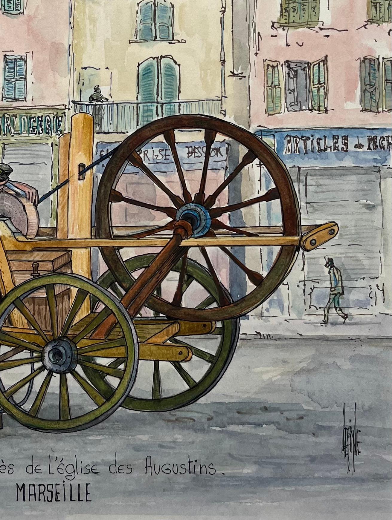 Marseille Watercolor of Knife Grinder Near Église des Augustins - Gray Landscape Painting by Robert Lepine (1929 - 2017)