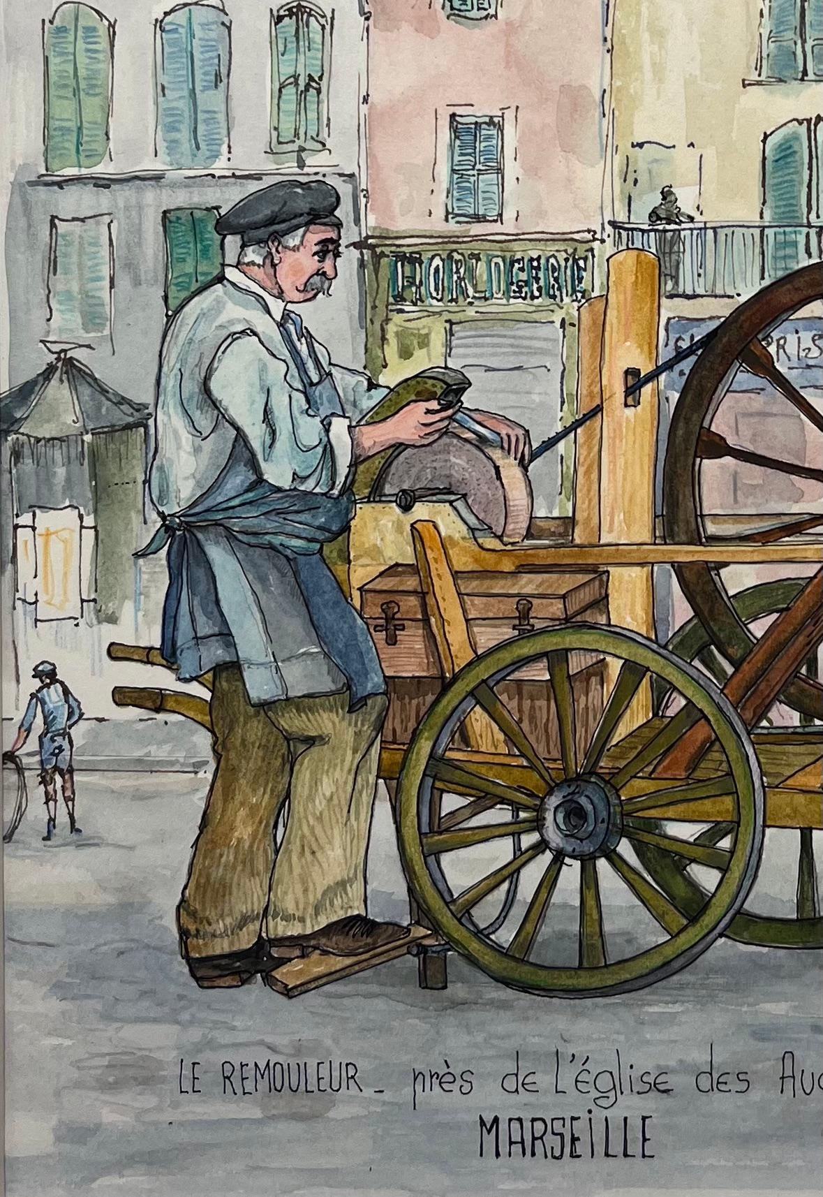Marseille Watercolor of Knife Grinder Near Église des Augustins - French School Painting by Robert Lepine (1929 - 2017)