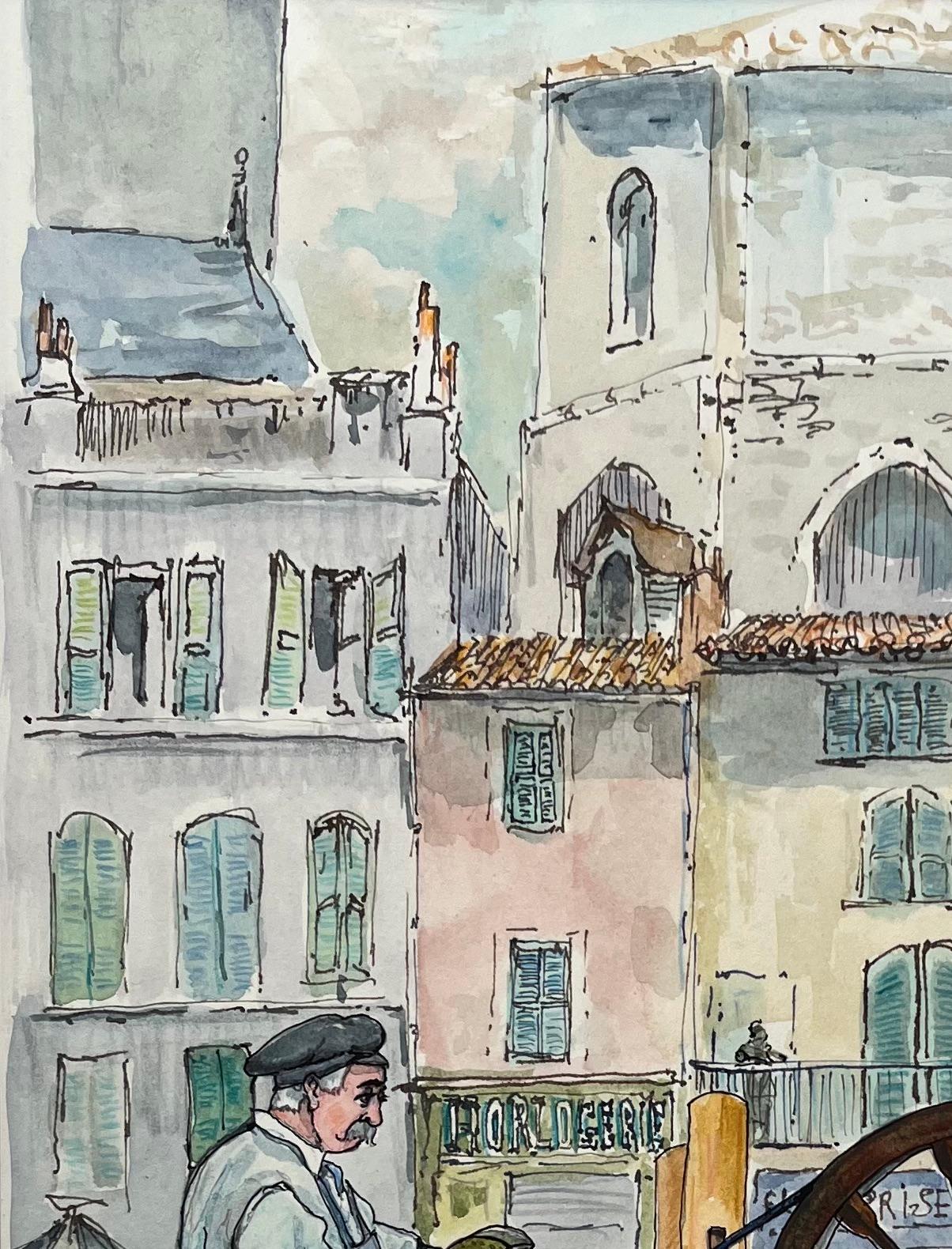 Title: Marseille Watercolor of Knife Grinder Near Église des Augustins
by Robert Lepine (French, 1929 - 2017)
Signed: Yes
Medium: Watercolor painting on artists paper, mounted
Size: 15.75 x 11.75 (height x width)
Provenance: From the artists atelier