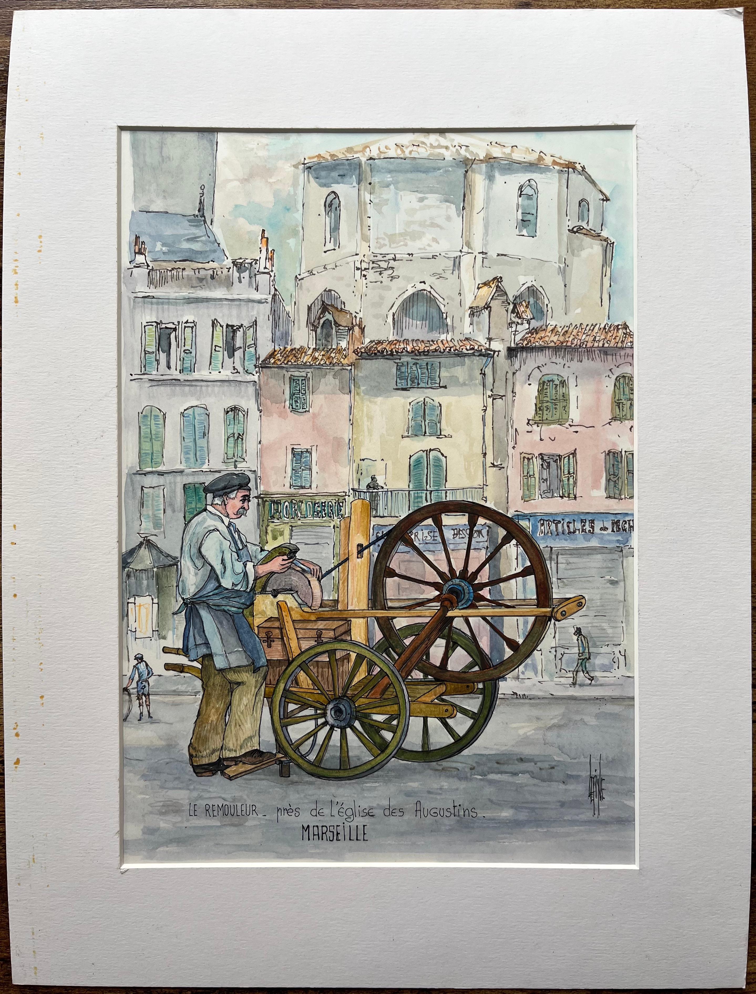 Marseille Watercolor of Knife Grinder Near Église des Augustins - Painting by Robert Lepine (1929 - 2017)