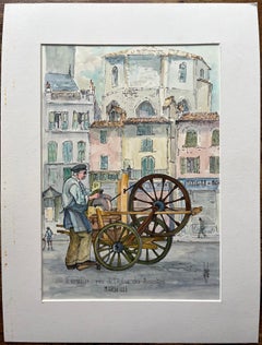 Marseille Watercolor of Knife Grinder Near Église des Augustins