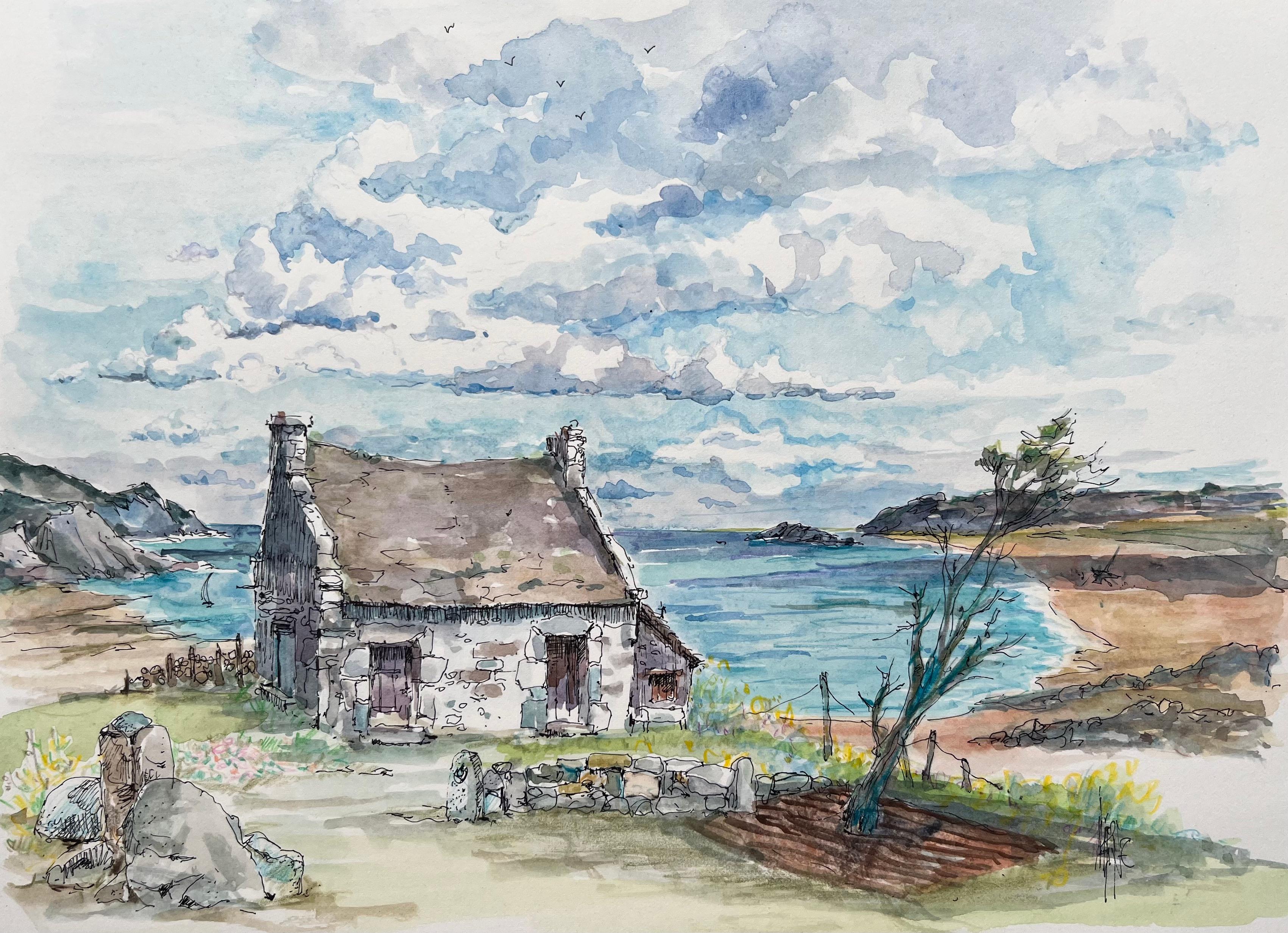 Aquarelle de cottage rustique donnant sur la côte