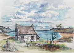 Acuarela bretona de cabaña rústica de piedra con vistas a la costa