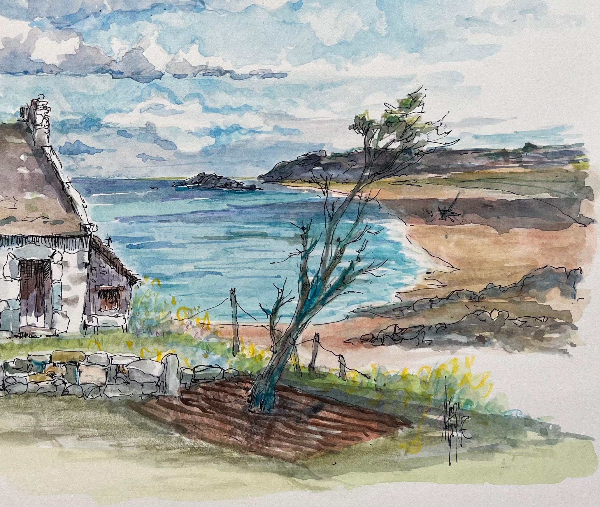 Acquerello della Bretagna di un cottage rustico in pietra con vista sulla costa - Landscape Art Grigio di Robert Lepine (1929 - 2017)