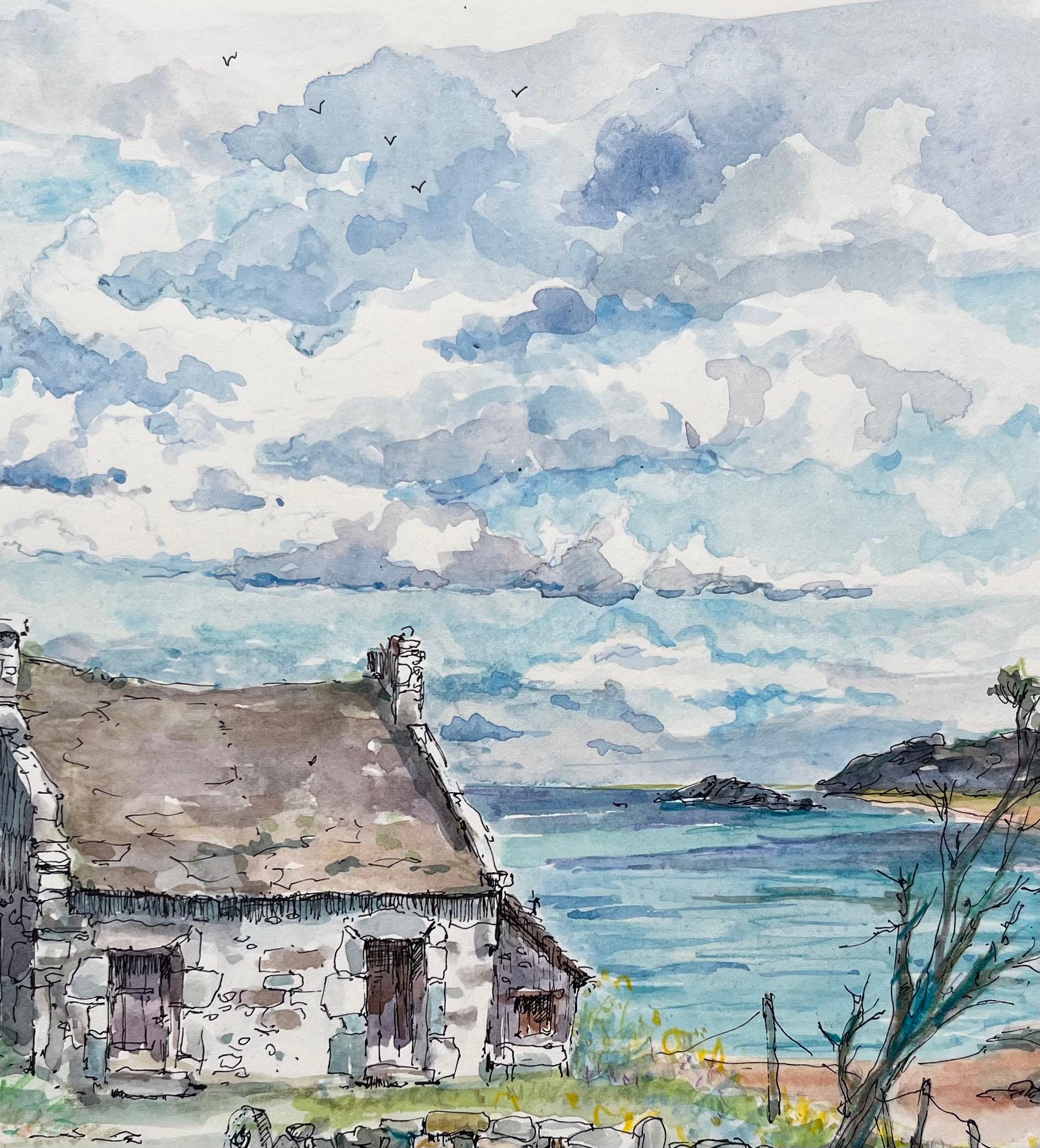 Acquerello della Bretagna di un cottage rustico in pietra con vista sulla costa in vendita 2