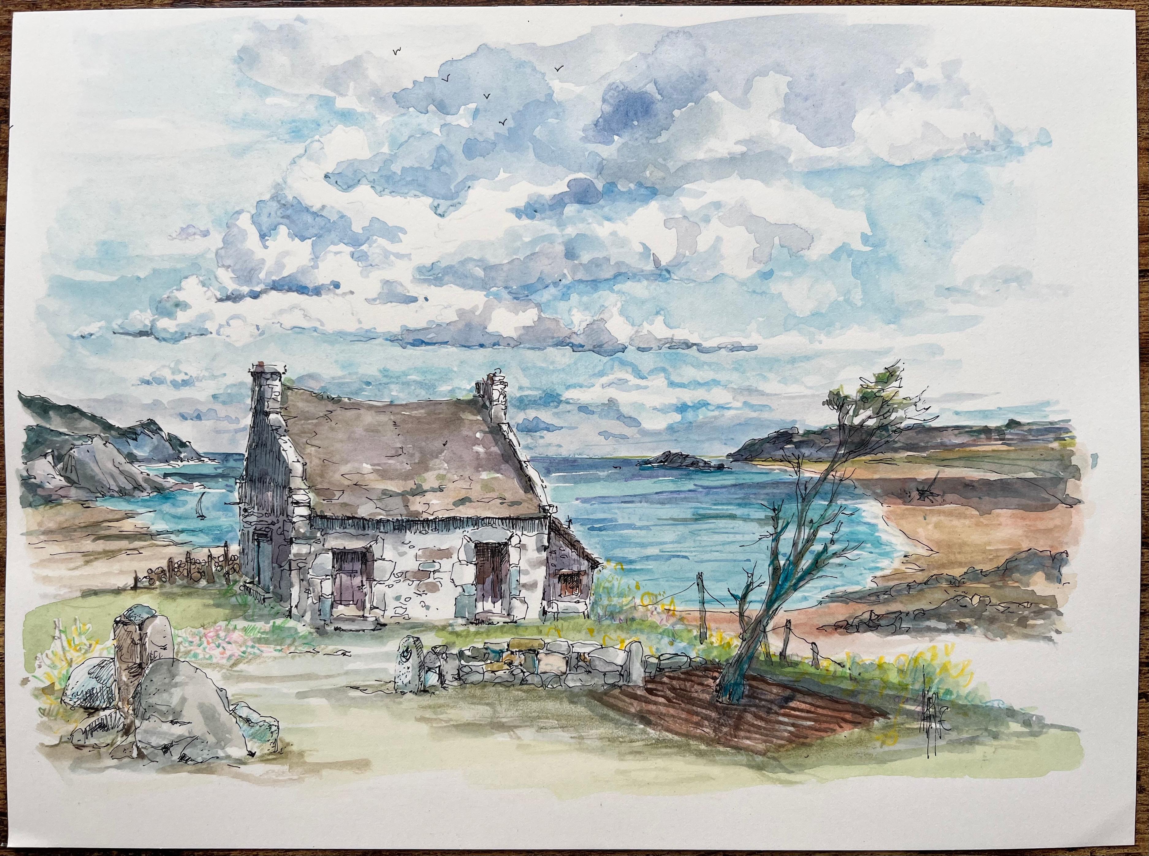 Acquerello della Bretagna di un cottage rustico in pietra con vista sulla costa - Art di Robert Lepine (1929 - 2017)