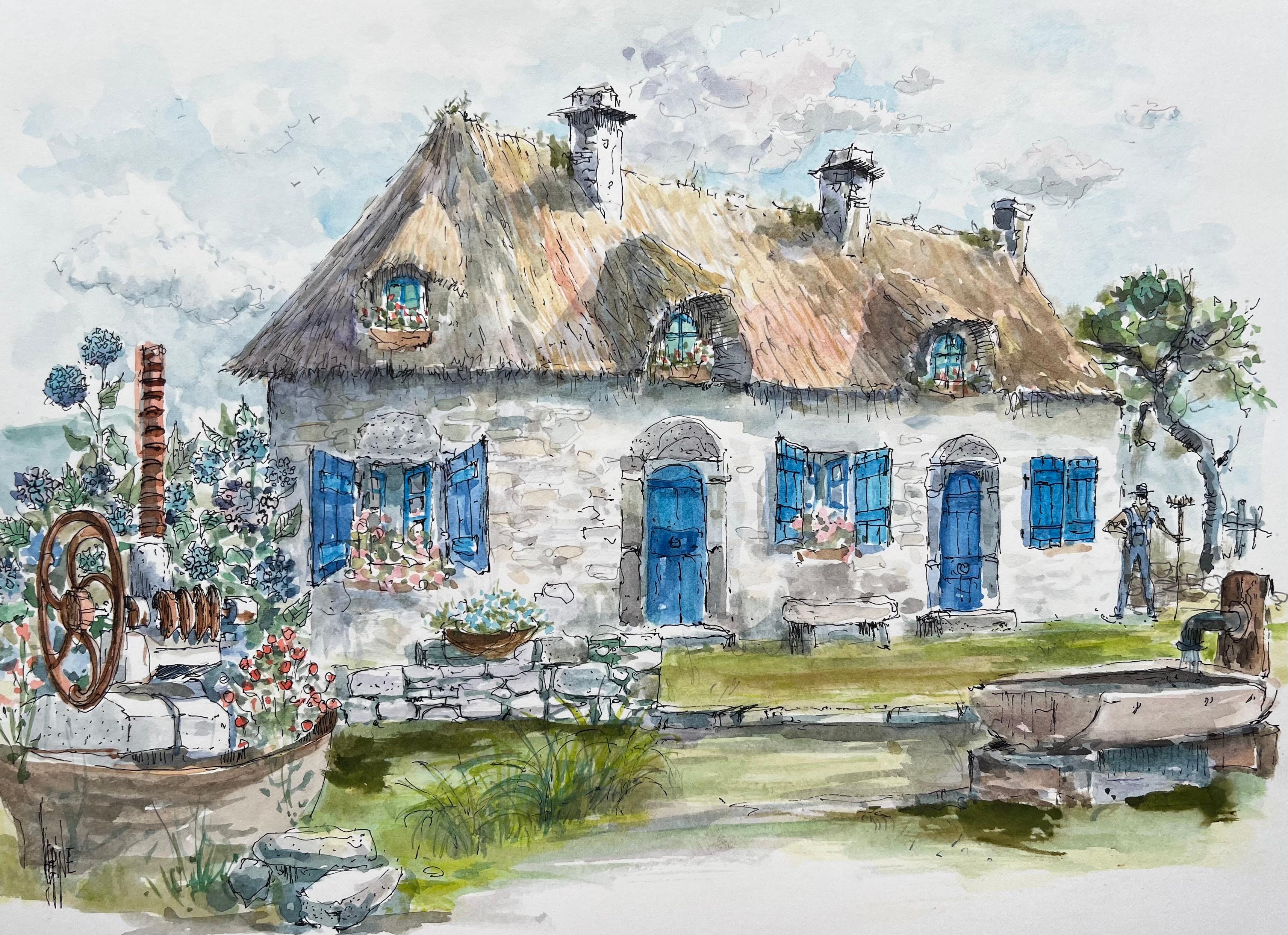 Robert Lepine (1929 - 2017) Landscape Painting – Brittany Aquarell eines charmanten geätzten Bauernhauses mit blauen Schirmen, Bretagne