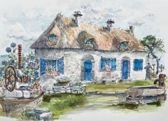 Brittany Watercolor of Charming Thatched Cottage with Blue Shutters