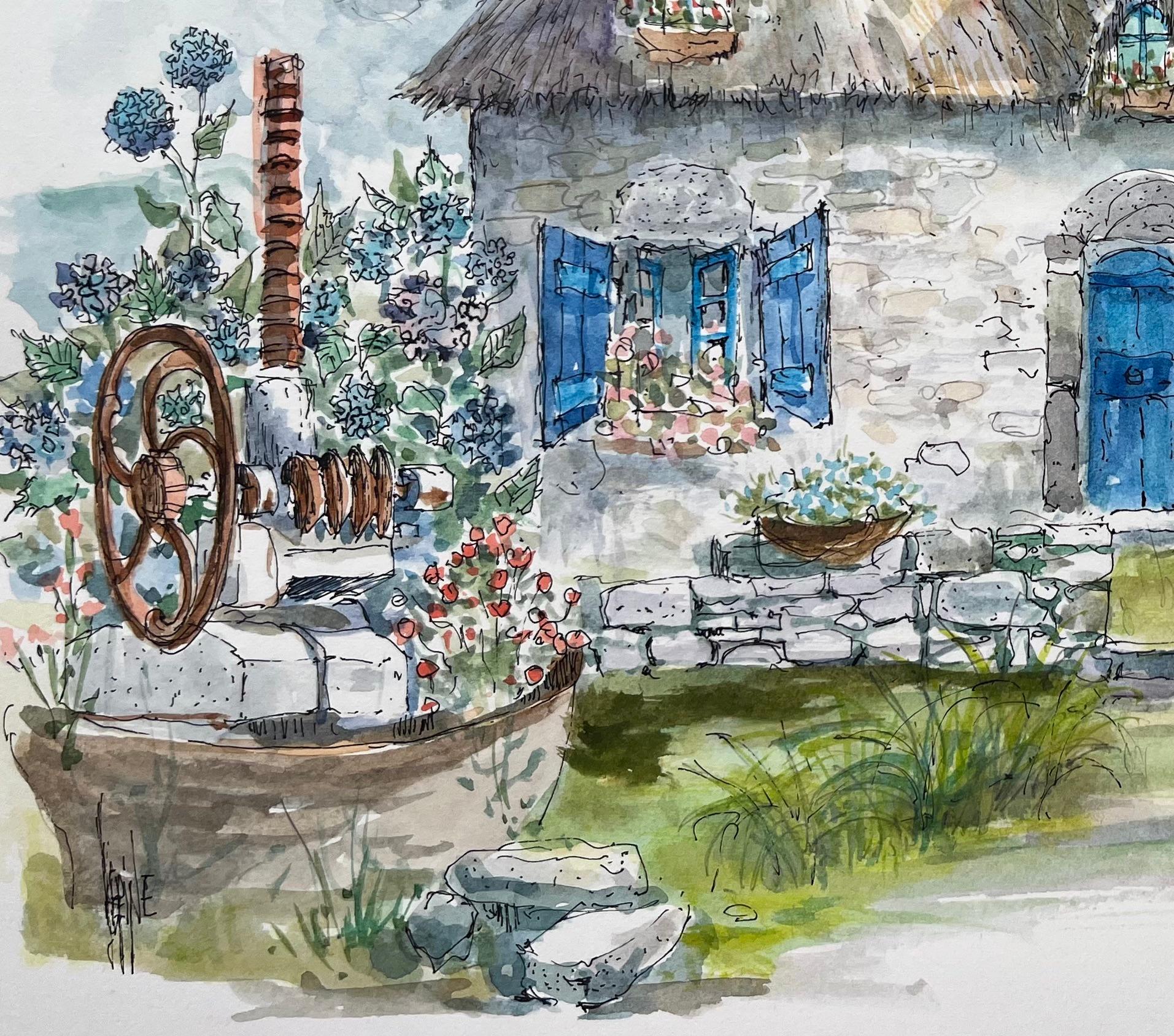 Brittany Aquarell eines charmanten geätzten Bauernhauses mit blauen Schirmen, Bretagne (Französische Schule), Painting, von Robert Lepine (1929 - 2017)
