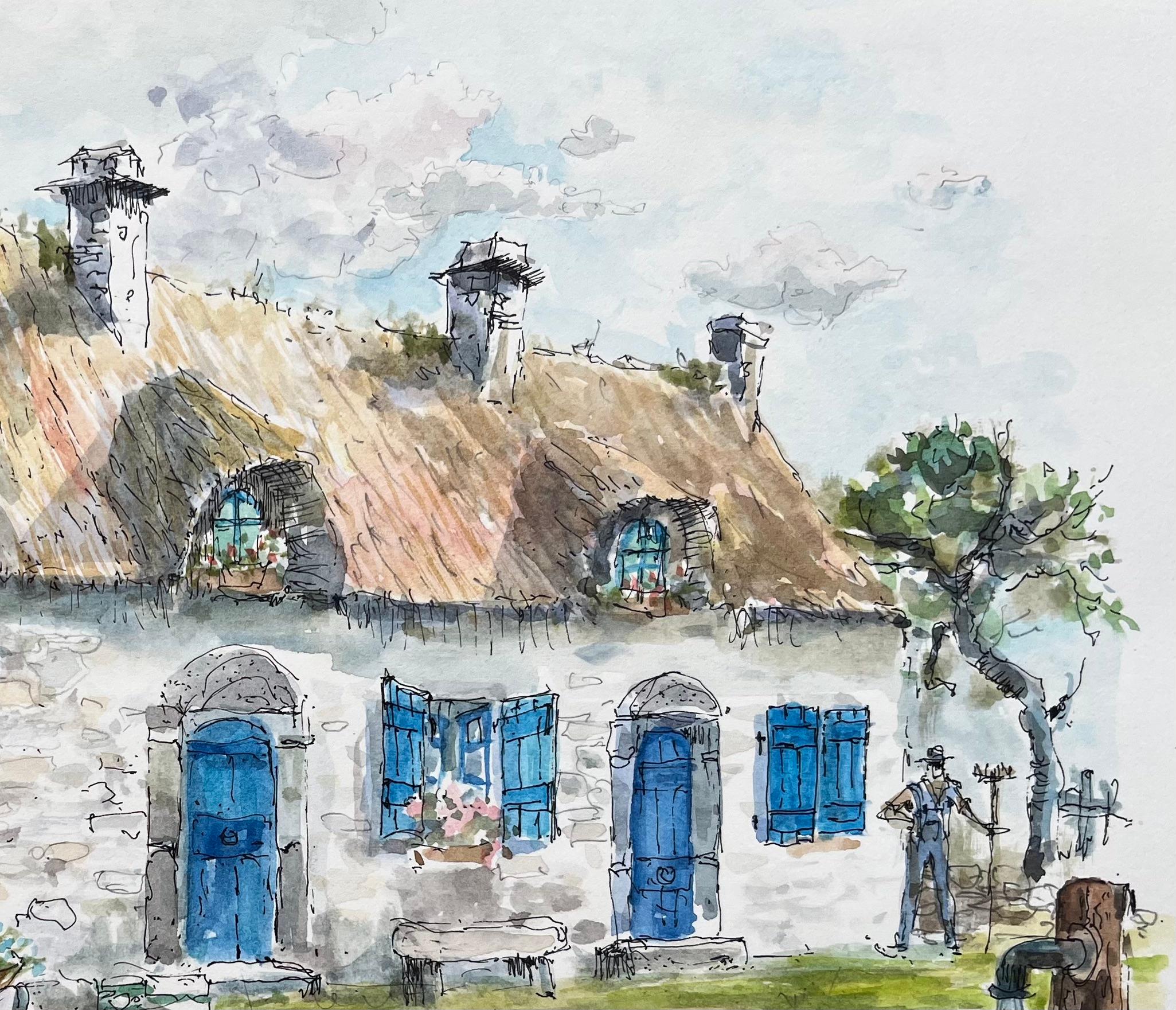 Titel: Bretagne Aquarell von charmanten Strohdachhaus mit blauen Fensterläden
von Robert Lepine (Franzose, 1929 - 2017)
Unterschrieben: Ja
Medium: Aquarellmalerei auf Künstlerpapier
Größe: 9 x 12,25 (Höhe x Breite)
Provenienz: Aus der Sammlung des