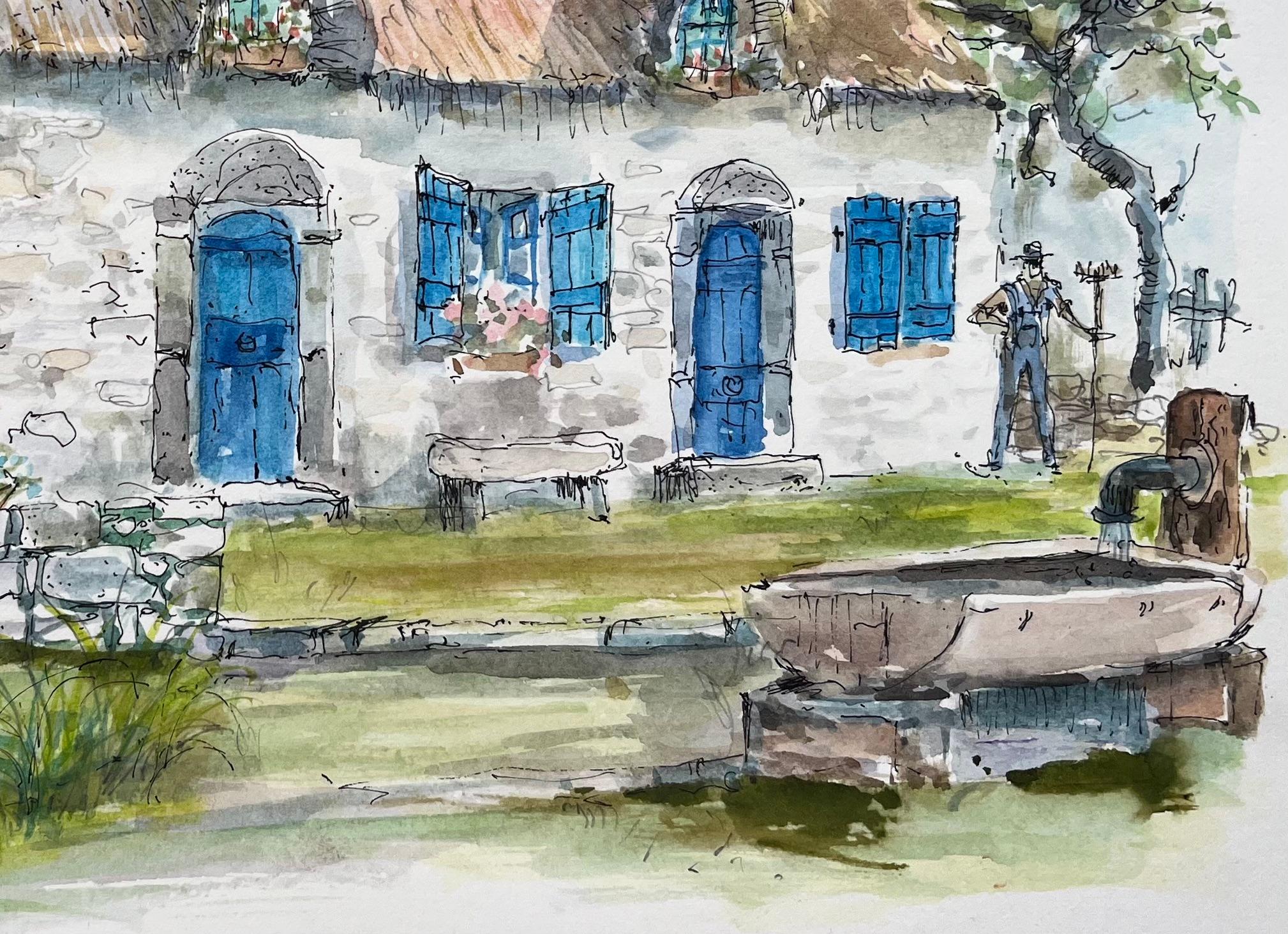 Brittany Aquarell eines charmanten geätzten Bauernhauses mit blauen Schirmen, Bretagne im Angebot 1