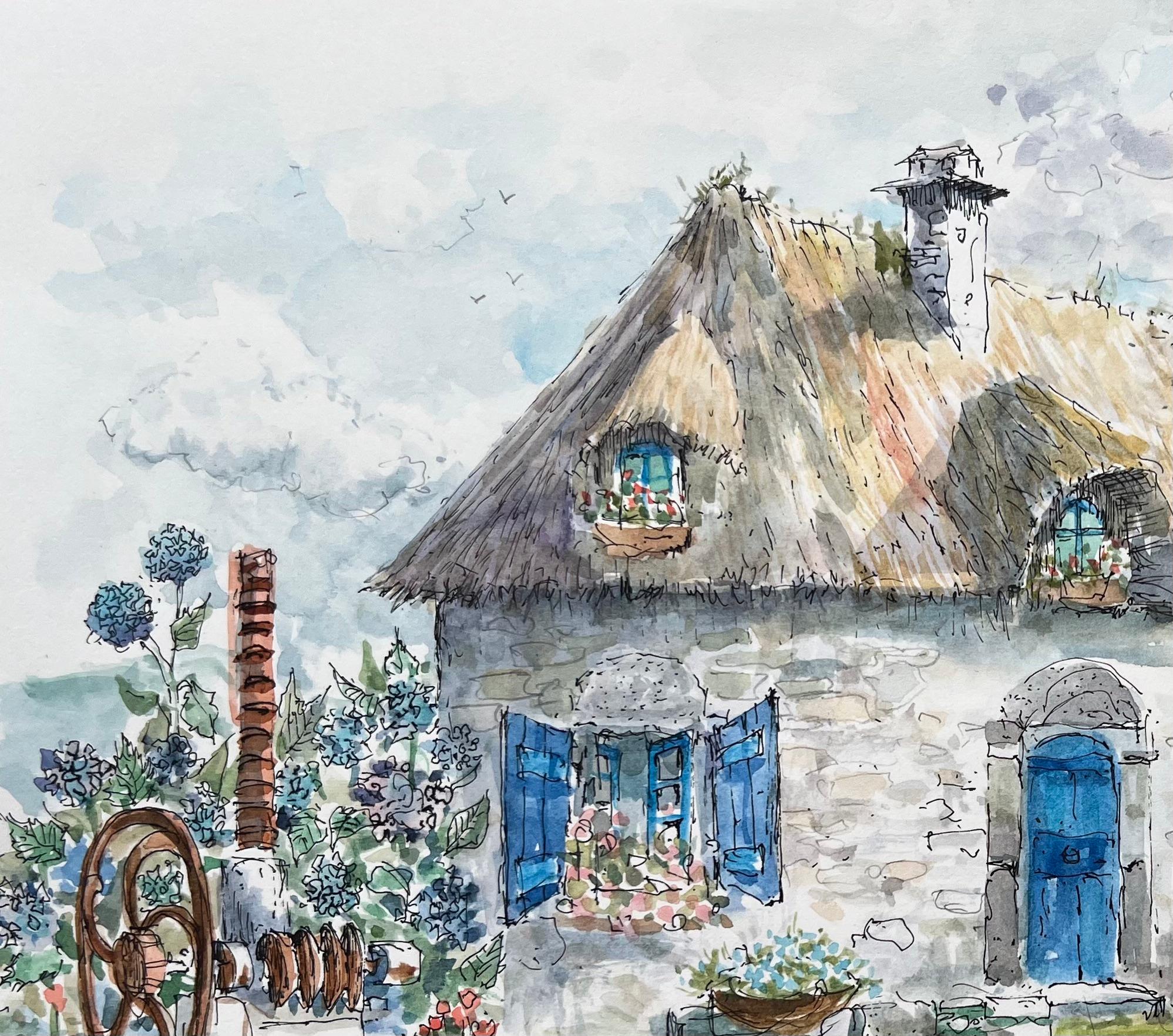 Brittany Aquarell eines charmanten geätzten Bauernhauses mit blauen Schirmen, Bretagne (Grau), Landscape Painting, von Robert Lepine (1929 - 2017)