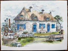 Brittany Watercolor of Charming Thatched Cottage with Blue Shutters