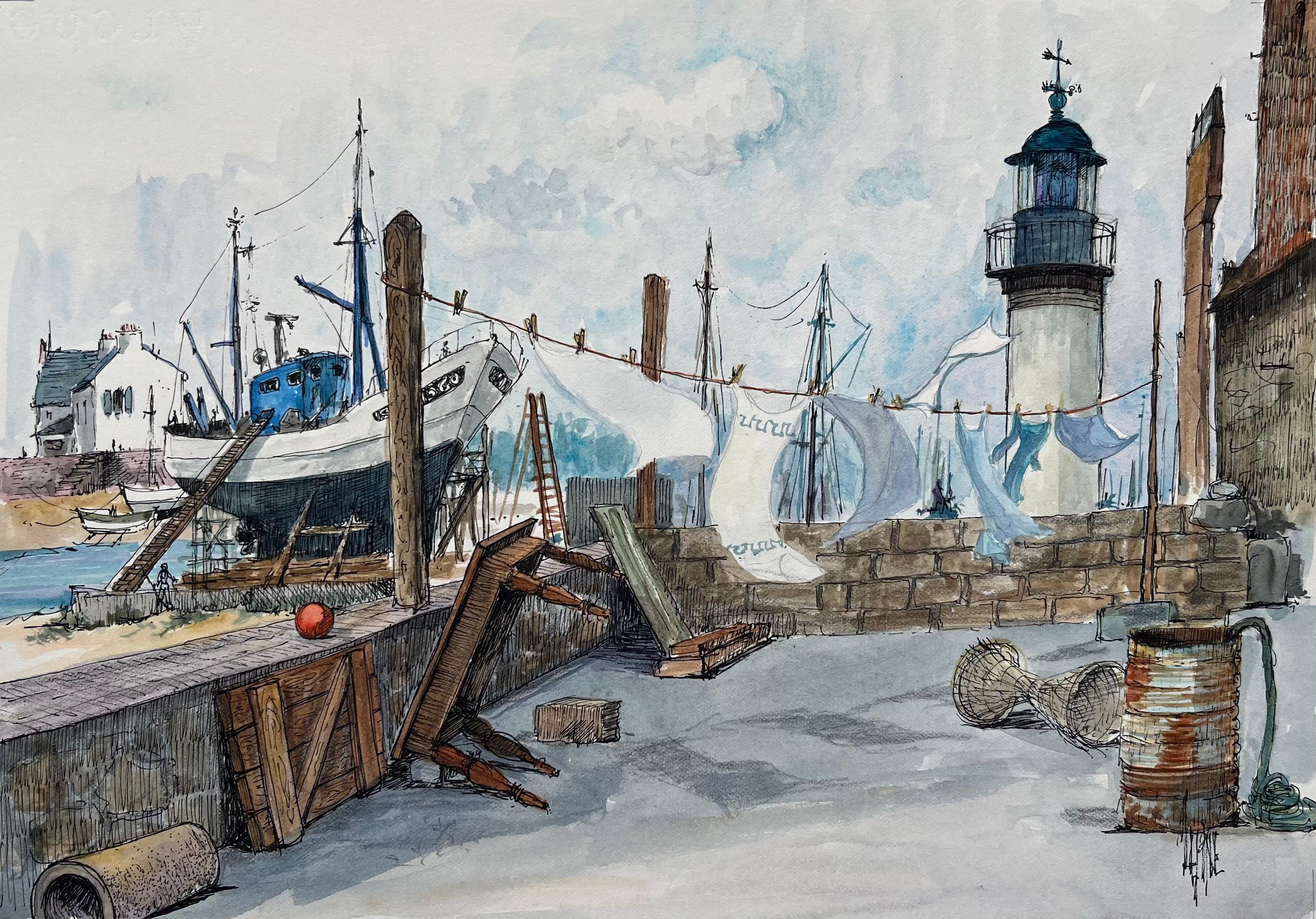 Brittany Watercolor of Guilvinec Fishing Port with Lighthouse and Washing Line