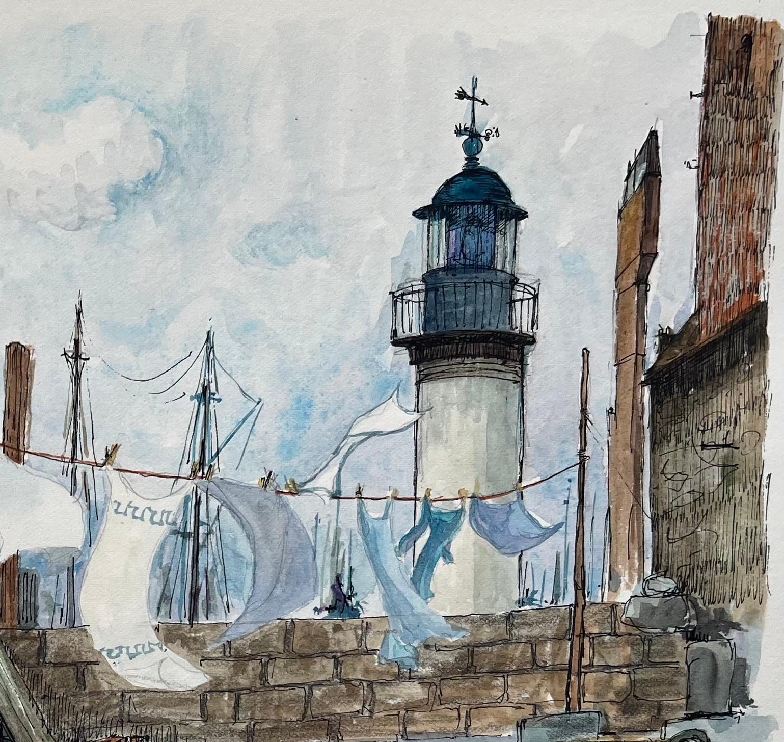 Brittany Watercolor of Guilvinec Fishing Port with Lighthouse and Washing Line - Art Scuola francese di Robert Lepine (1929 - 2017)