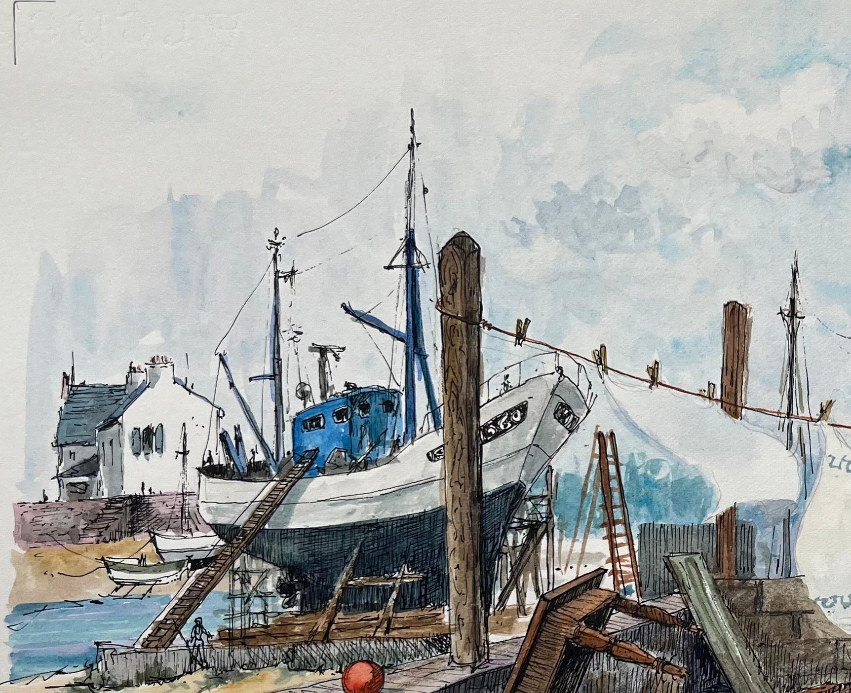 Brittany Watercolor of Guilvinec Fishing Port with Lighthouse and Washing Line - Landscape Art Grigio di Robert Lepine (1929 - 2017)