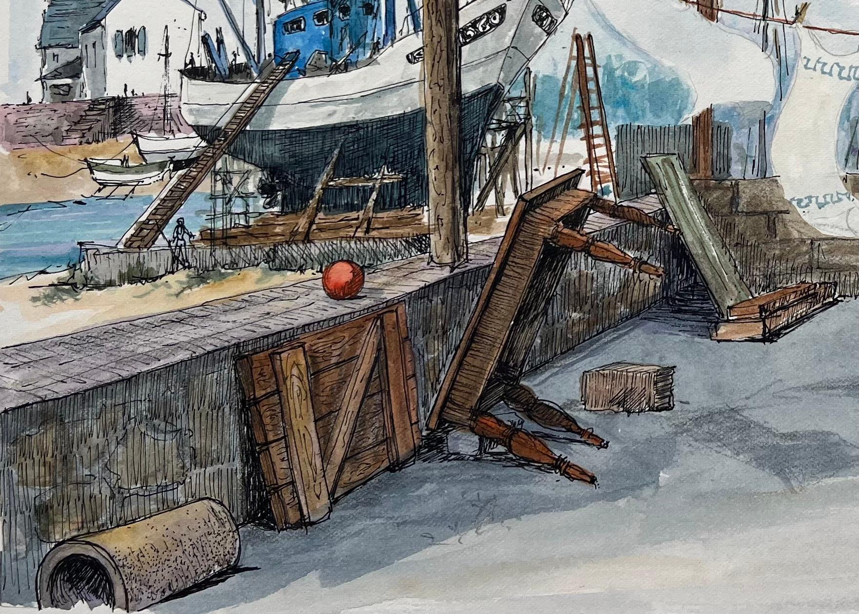 Brittany Watercolor of Guilvinec Fishing Port with Lighthouse and Washing Line in vendita 1