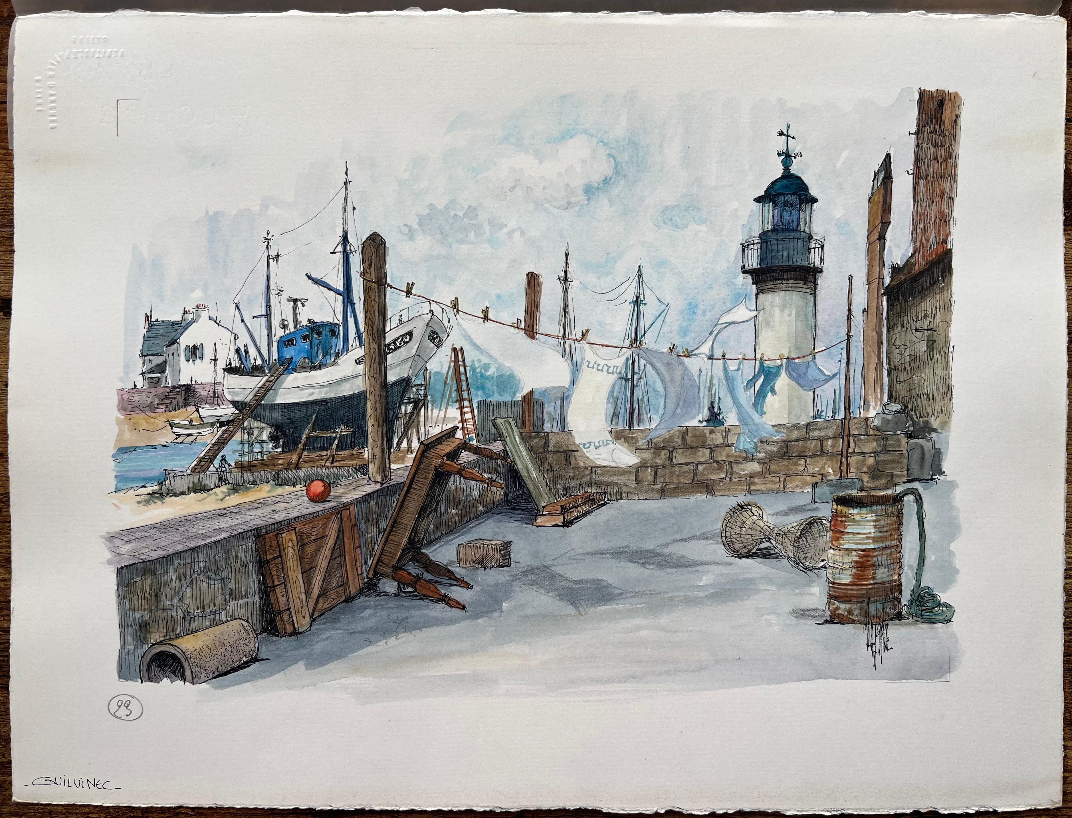 Brittany Watercolor of Guilvinec Fishing Port with Lighthouse and Washing Line - Art di Robert Lepine (1929 - 2017)