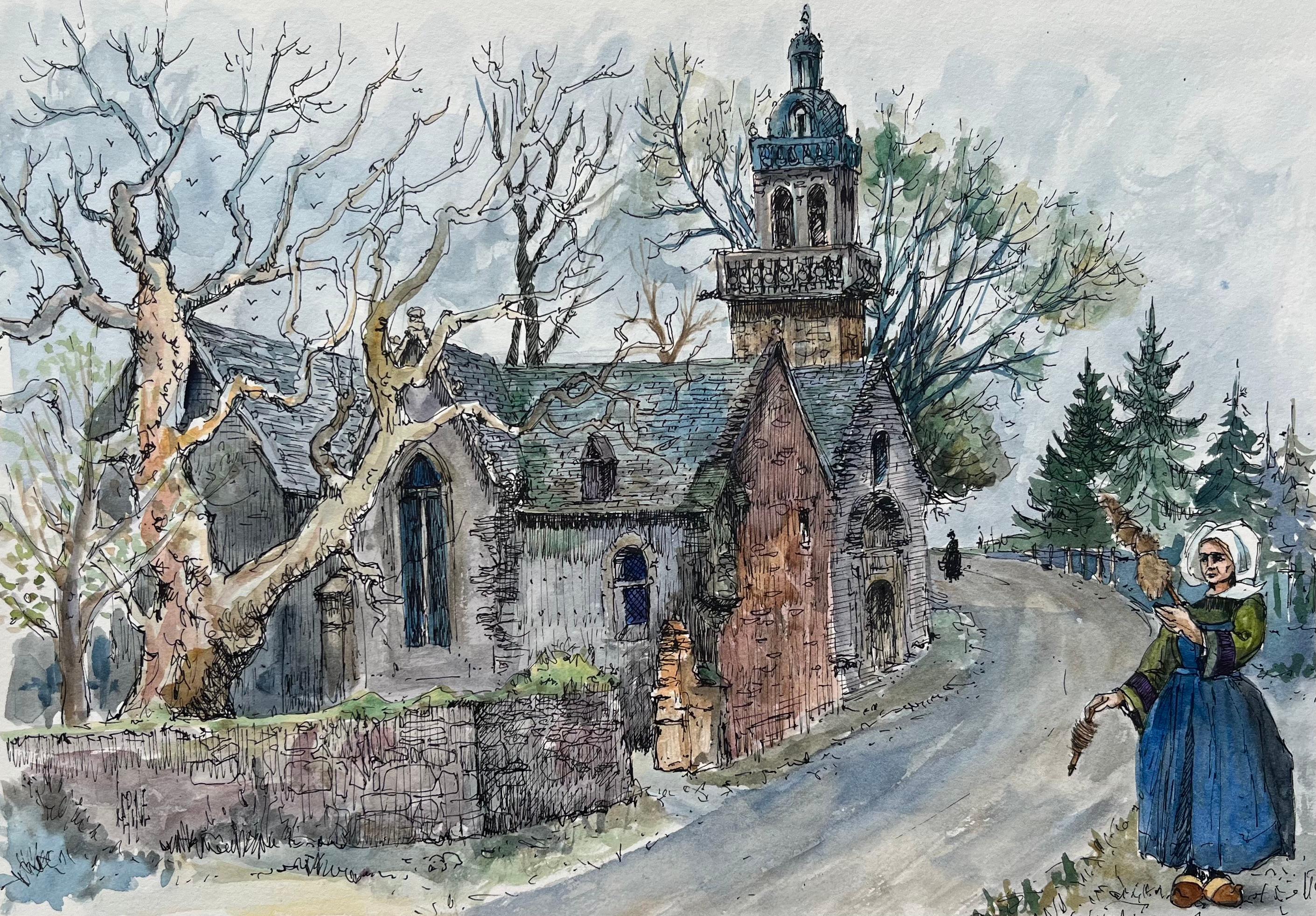 Landscape Painting Robert Lepine (1929 - 2017) - Aquarelle de l'église Saint-Marie du Menez-Hom avec une femme bretonne