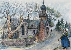 Acuarela bretona de la iglesia de Santa María de Menez-Hom con una mujer bretona