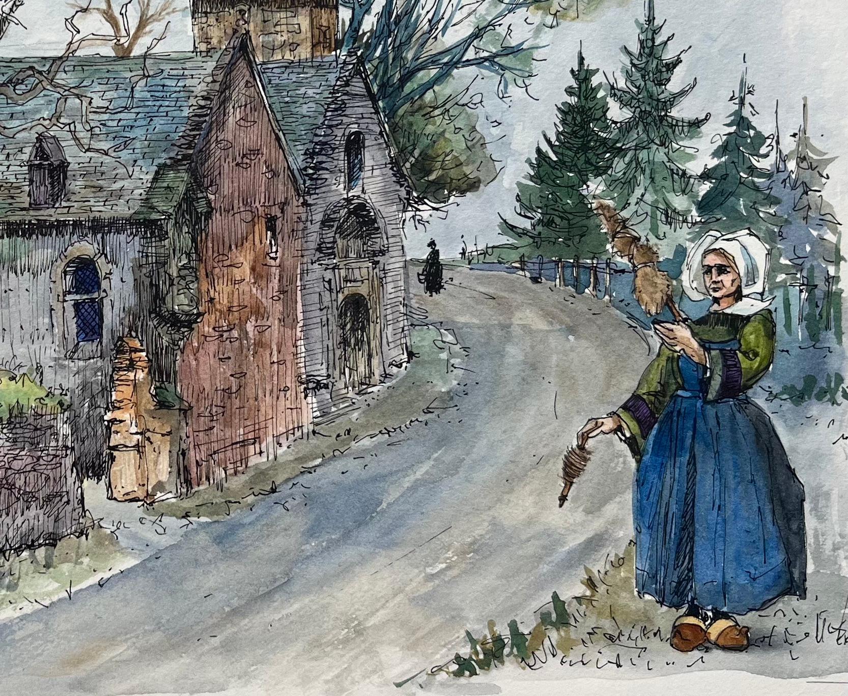 Aquarelle de l'église Saint-Marie du Menez-Hom avec une femme bretonne - École française Painting par Robert Lepine (1929 - 2017)