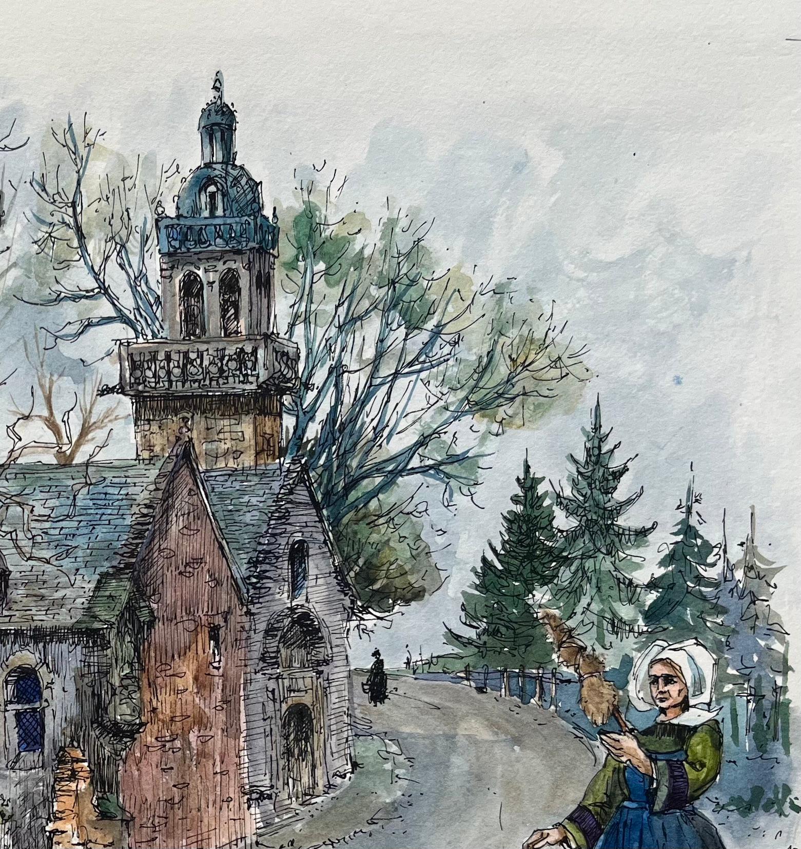 Aquarelle de l'église Saint-Marie du Menez-Hom avec une femme bretonne - Gris Landscape Painting par Robert Lepine (1929 - 2017)