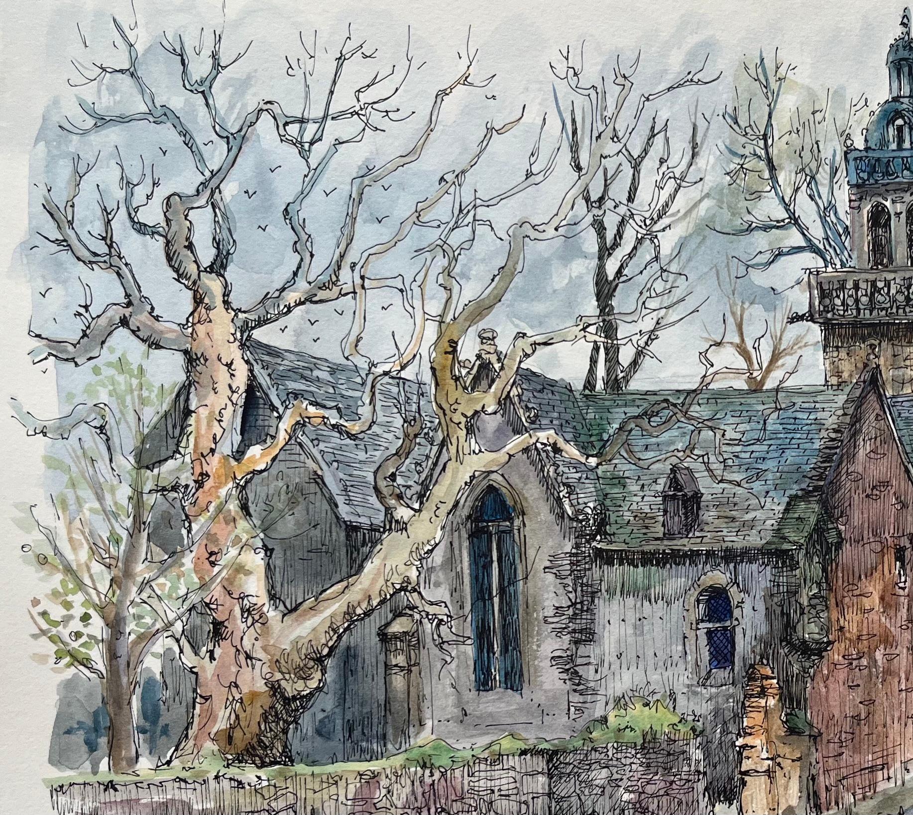 Aquarelle de l'église Saint-Marie du Menez-Hom avec une femme bretonne en vente 1