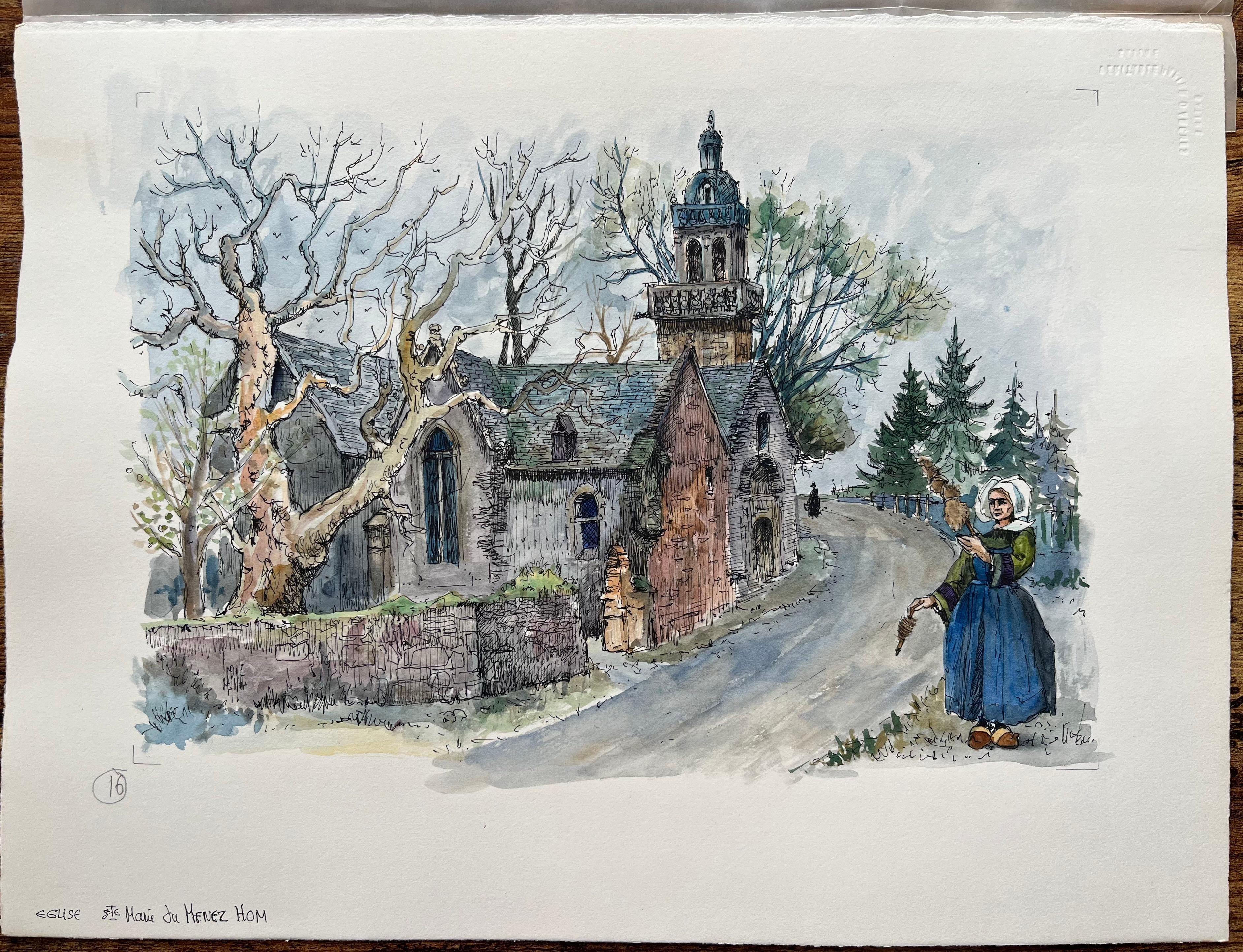 Aquarelle de l'église Saint-Marie du Menez-Hom avec une femme bretonne - Painting de Robert Lepine (1929 - 2017)