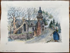 Brittany Watercolor of Saint-Marie du Menez-Hom Church with Breton Woman