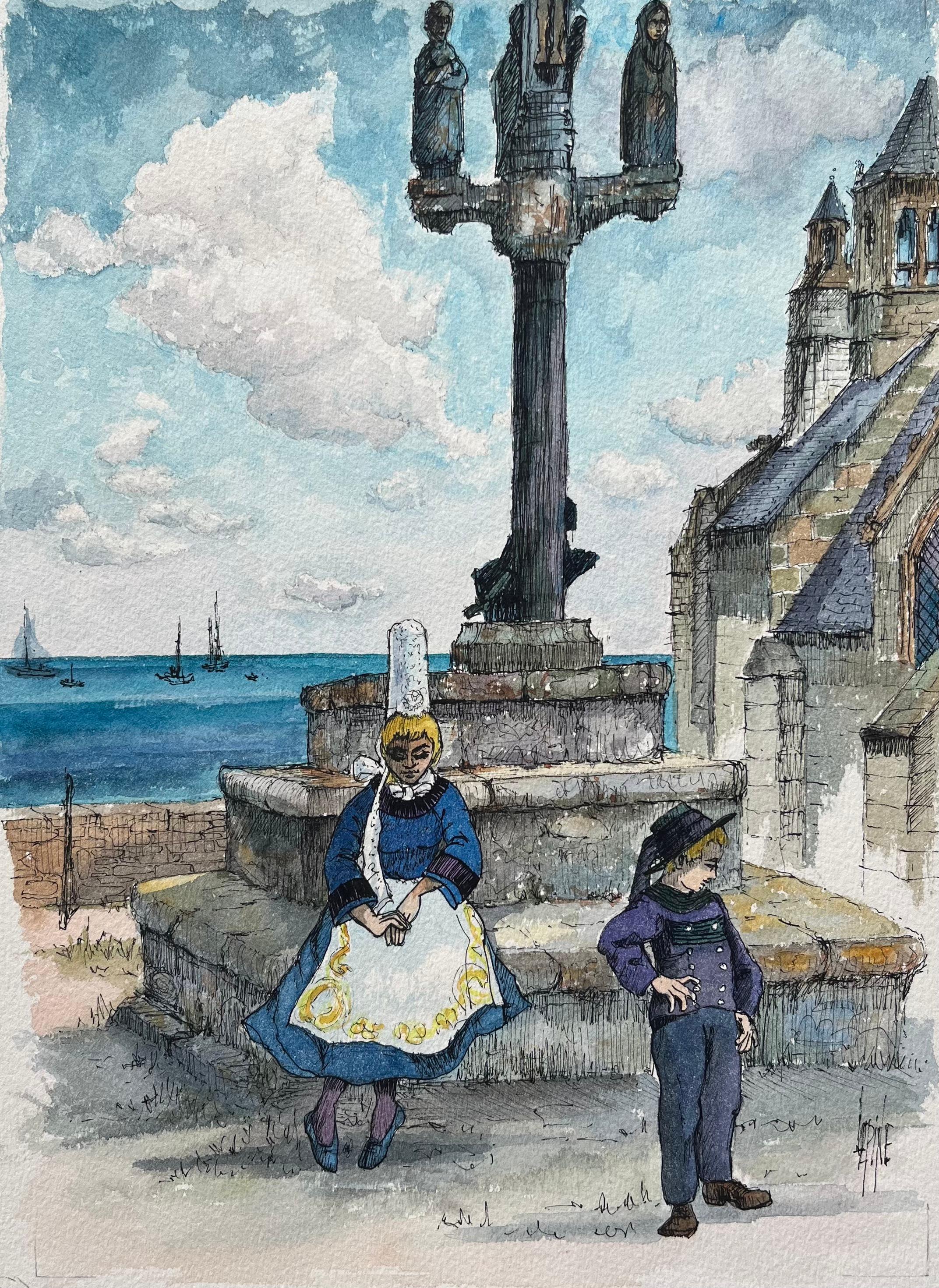 Robert Lepine (1929 - 2017) Landscape Painting - Brittany Watercolor of Notre-Dame de la Joie in Saint-Guénolé in Penmarch