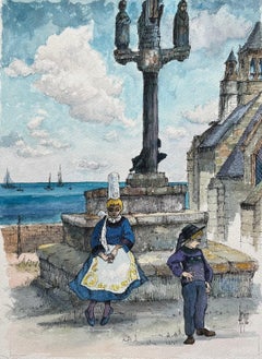 Acuarela bretona de Notre-Dame de la Joie en Saint-Guénolé en Penmarch