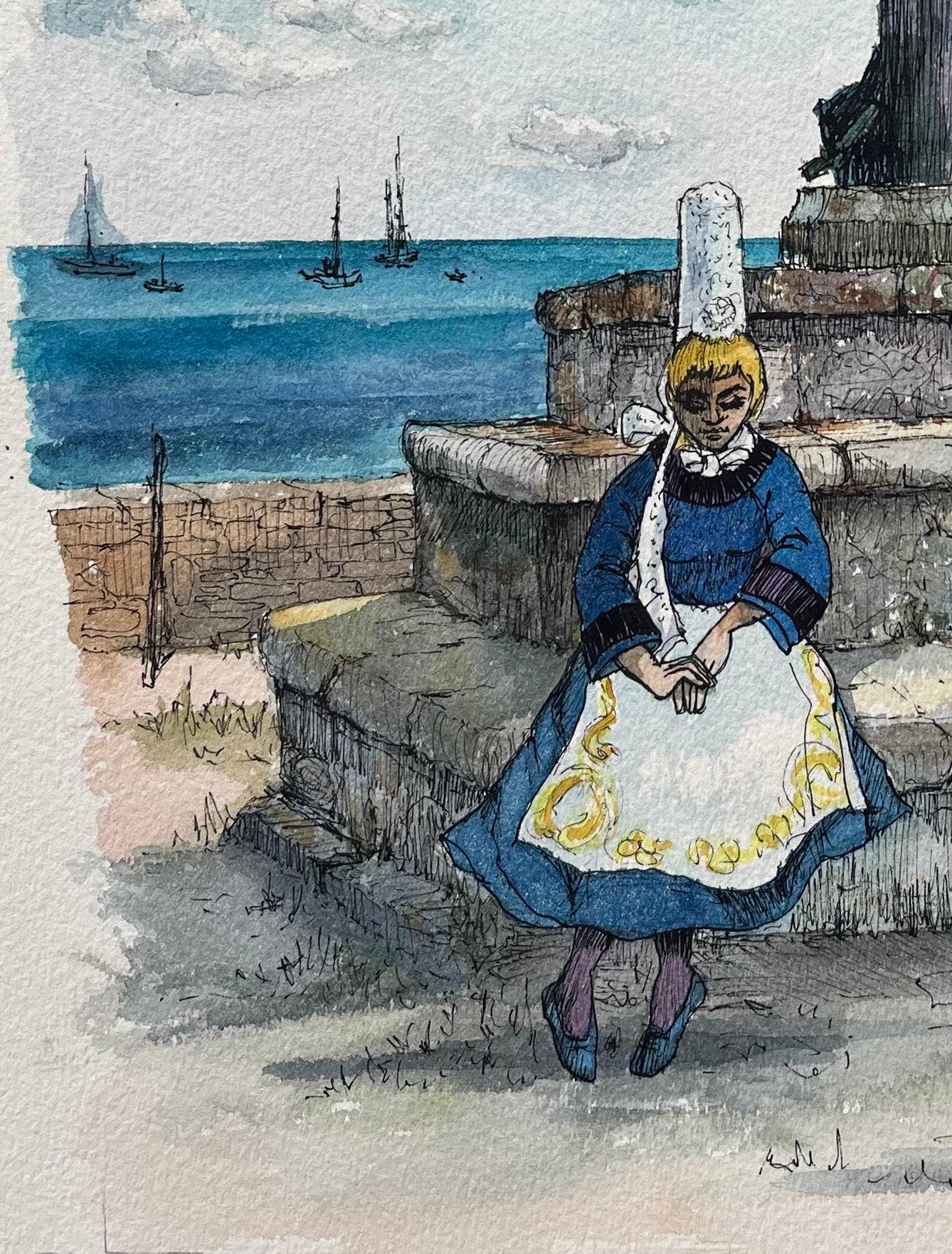 Brittany Watercolor of Notre-Dame de la Joie in Saint-Guénolé in Penmarch - French School Painting by Robert Lepine (1929 - 2017)